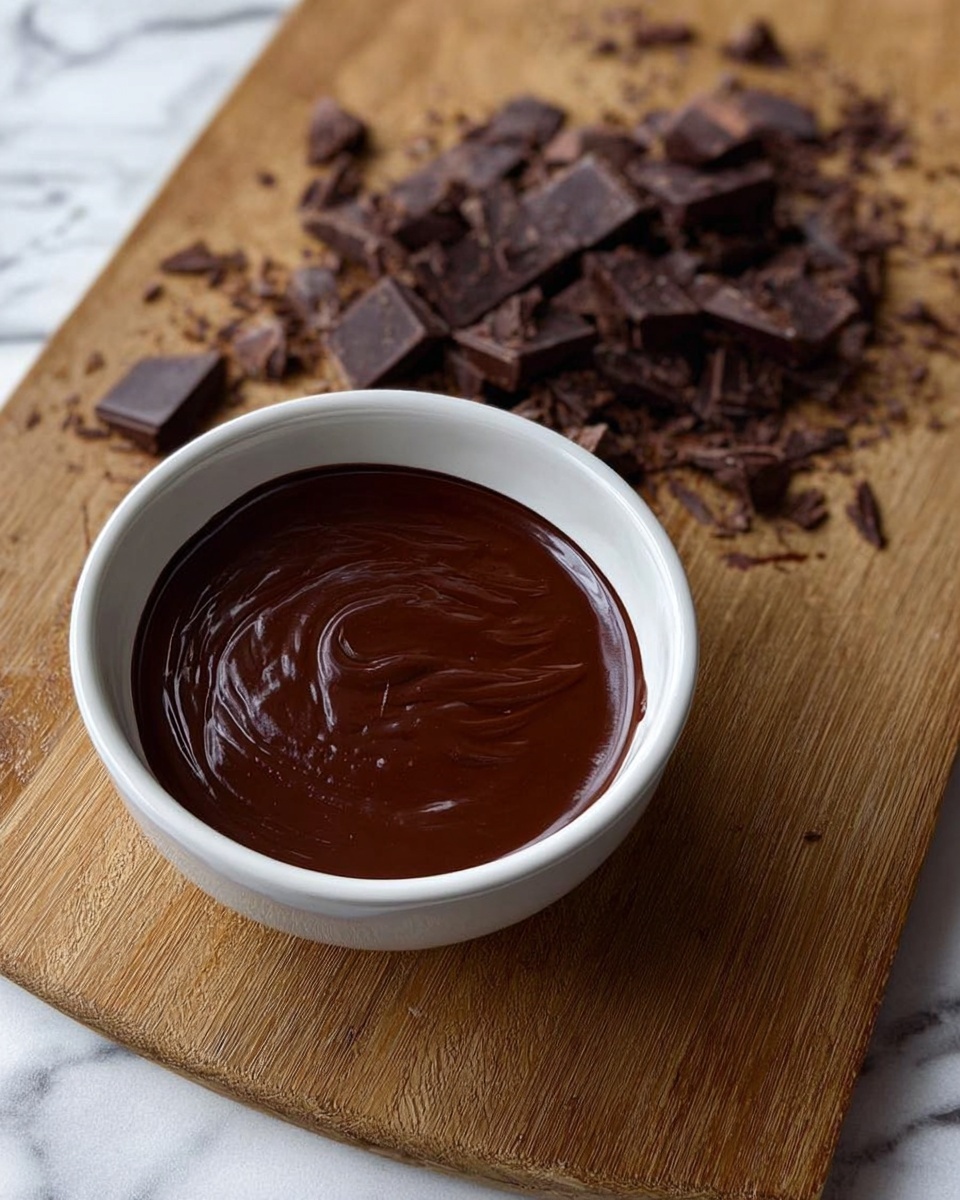 A white bowl filled with smooth, shiny dark chocolate sauce, its surface showing gentle swirls from stirring. Behind the bowl is a wooden cutting board scattered with broken dark chocolate pieces of different sizes and shapes. The entire scene sits on a white marbled textured surface that contrasts with the rich brown tones of the chocolate and wood. Photo taken with an iphone --ar 4:5 --v 7