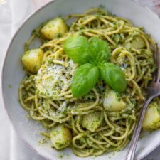 Creamy Basil Pesto Pasta with Roasted Potatoes Recipe