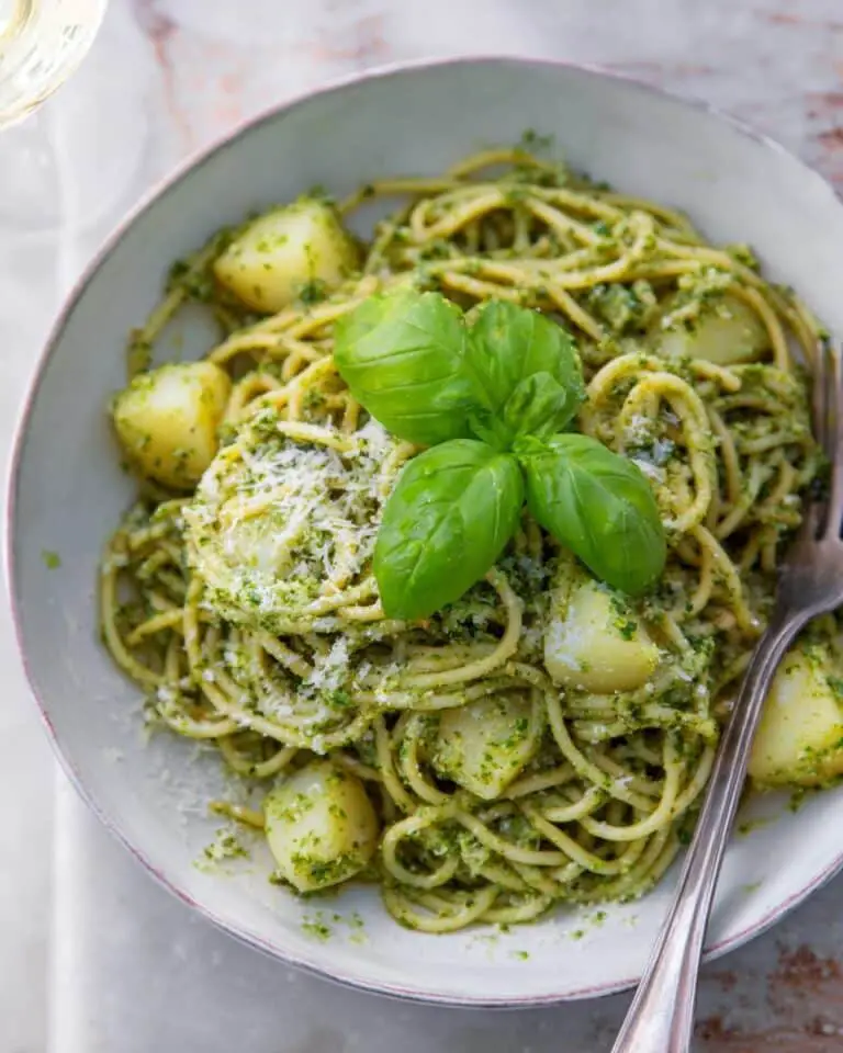 Creamy Basil Pesto Pasta with Roasted Potatoes Recipe