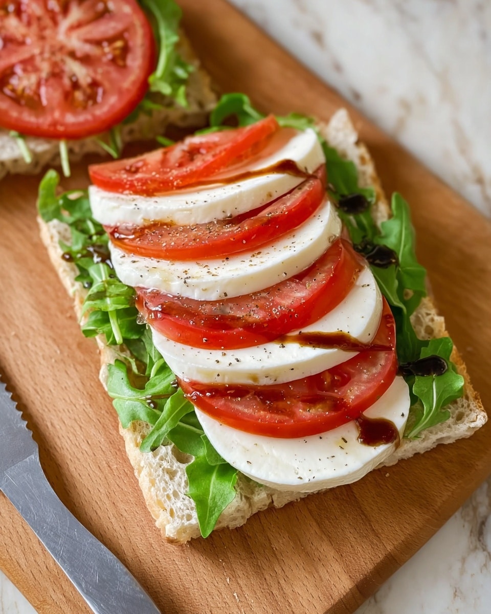 The image shows a stack of three pieces of focaccia bread with a golden crust and small rosemary leaves on top, placed on white parchment paper. To the left of the bread, three bright red tomatoes with green stems sit on a white marbled surface, along with some green arugula leaves scattered around. In the front right, there is a wooden board holding several curved slices of white mozzarella cheese. A dark brown pepper grinder is in the background, and all elements are set on a white marbled texture. Photo taken with an iphone --ar 4:5 --v 7