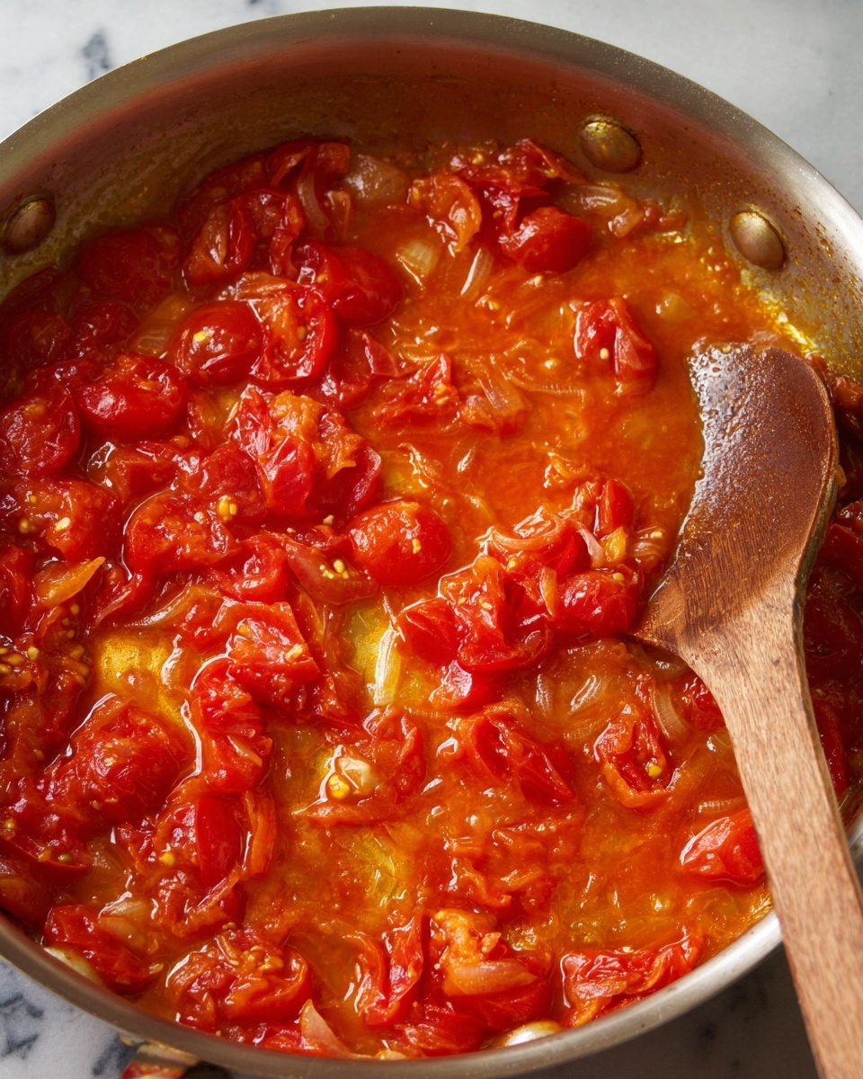 The dish shows a stainless steel pan filled with cooked spaghetti mixed with chunks of light pink seafood, likely lobster or shrimp, and bright red roasted tomatoes. The spaghetti noodles are thin and pale yellow, with a few green parsley leaves scattered throughout. The sauce is light and slightly oily, with bits of garlic or onion clinging to the sides of the pan, adding texture. The background is a white marbled surface, and the pan handle points outward. The food looks mixed but softly layered, with the pasta strands weaving through the seafood and tomatoes. photo taken with an iphone --ar 4:5 --v 7