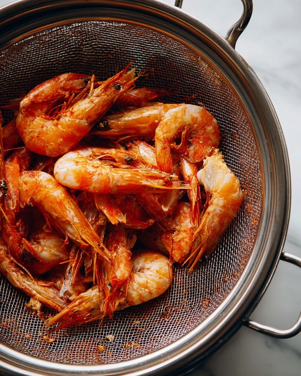 A close-up view of a metal round sieve filled with cooked shrimp shells and heads. The shrimp shells have an orange-red and translucent color with some white parts, showing different shapes and textures. The sieve has a silver metal frame with a fine mesh inside, holding the shrimp parts. The background shows a white marbled texture surface. The image captures the details of the shells' glossy and rough surfaces. photo taken with an iphone --ar 4:5 --v 7