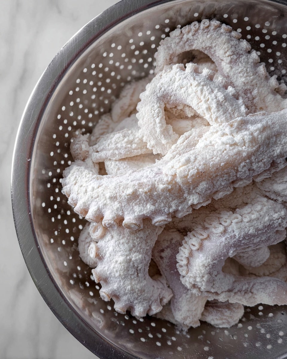 A white plate with crispy golden fried calamari rings arranged around a small central bowl filled with creamy light beige dipping sauce. Two bright yellow lemon wedges sit on the left side of the plate. The calamari is sprinkled with small bits of green herbs. The plate rests on a white marbled surface. Photo taken with an iphone --ar 4:5 --v 7