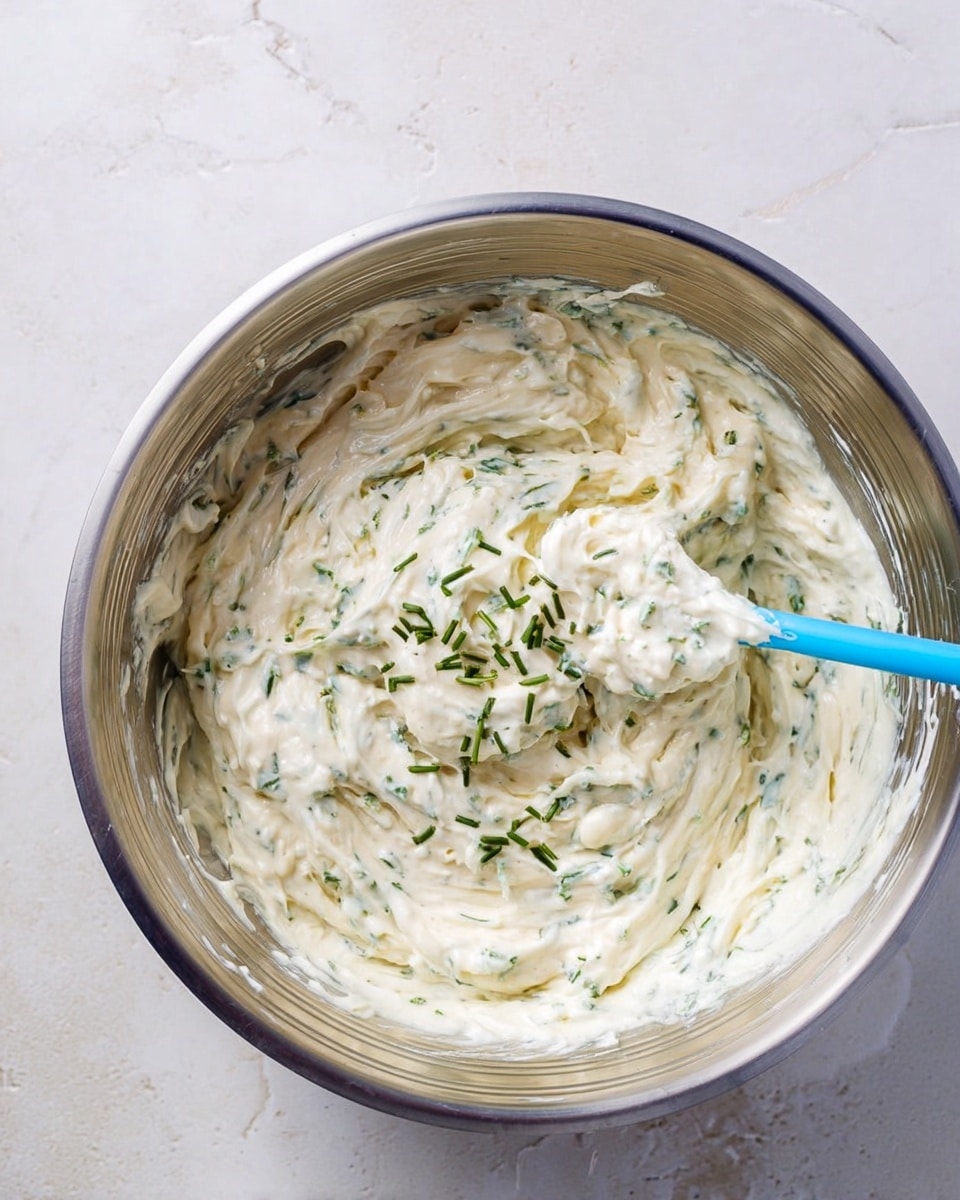 A metal bowl filled with a creamy white mixture that has small green pieces of chopped herbs evenly spread throughout. The texture looks thick and smooth with some swirls and folds visible on the surface. A few tiny herb pieces are placed on top as a garnish. A blue spoon is resting inside the bowl with some of the mixture on the tip. The bowl is placed on a white marbled texture surface photo taken with an iphone --ar 4:5 --v 7
