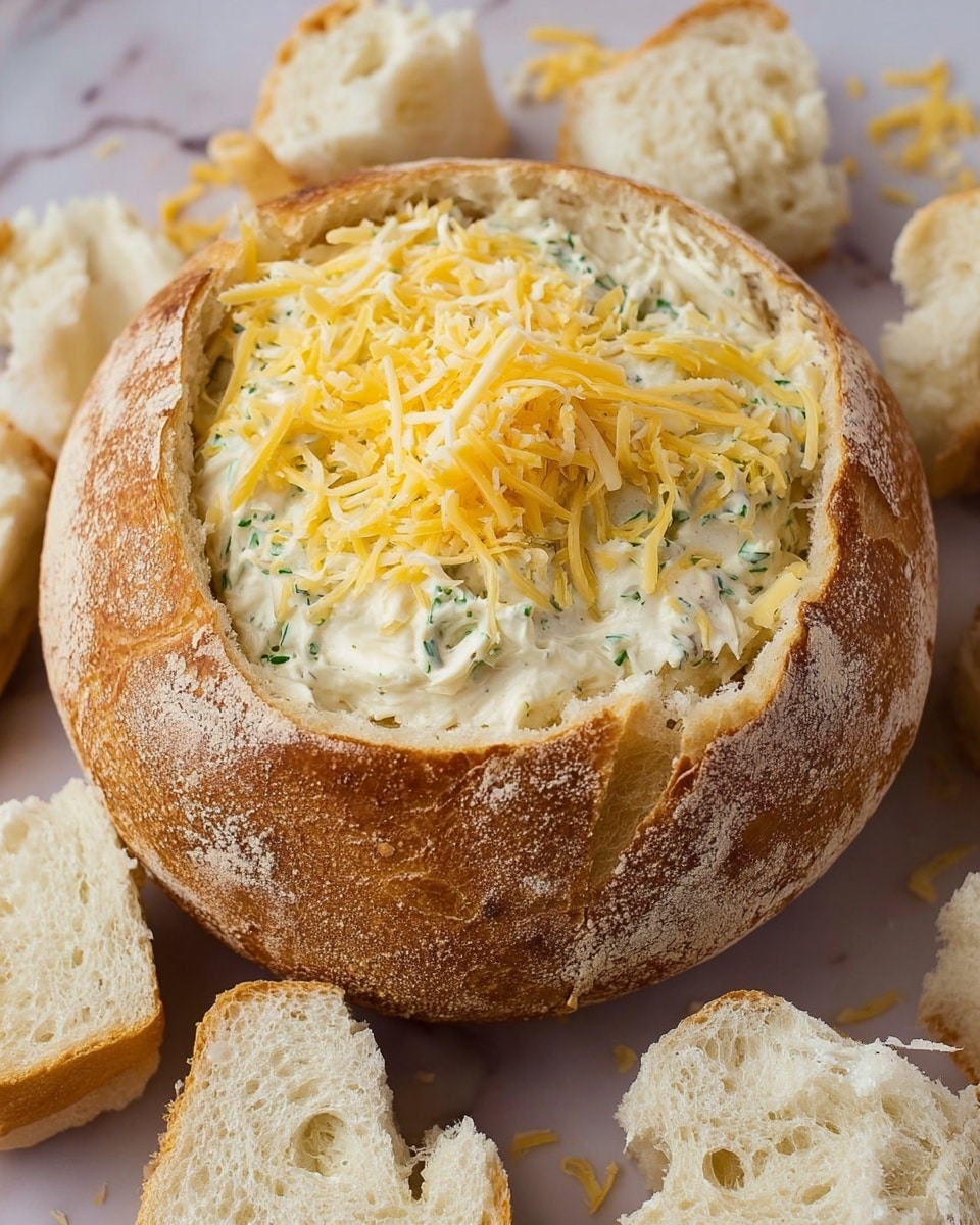 A round loaf of crusty bread hollowed out and filled with a creamy white dip mixed with green herbs and melted cheese on top, placed in the center of a white plate with blue rims, surrounded by torn pieces of toasted bread with golden brown crispy edges. A woman's hand is lifting a piece of the toasted bread with a generous scoop of the dip dripping down in thick, creamy strands. The background and surface have a white marbled texture. photo taken with an iphone --ar 4:5 --v 7