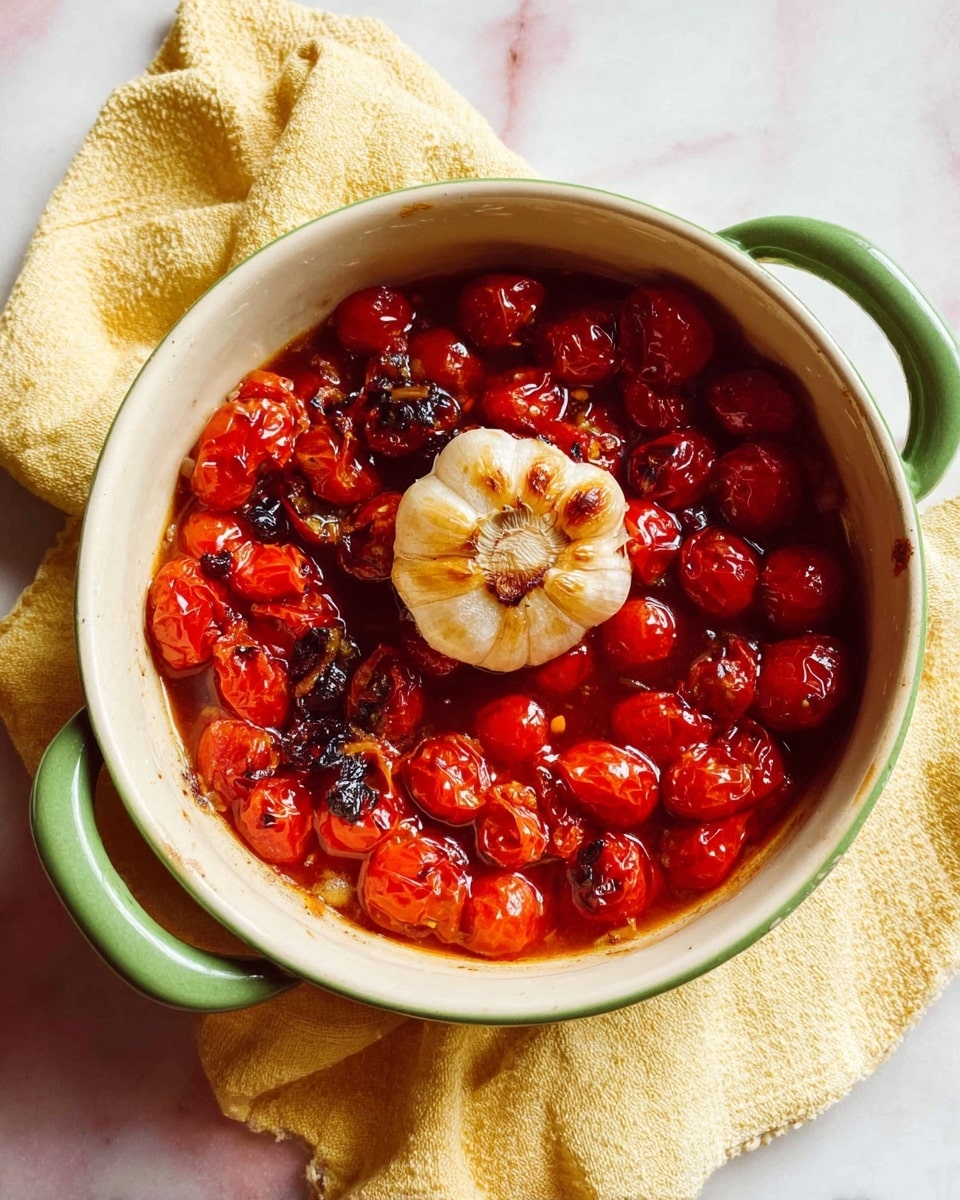 A white bowl with green inside and two handles holds a cooked mix of shiny, red, roasted cherry tomatoes with some blackened bits. In the center, there is a whole round garlic head with a soft pale golden brown color and visible cloves. The bowl is placed on a soft yellow cloth on a white marbled surface. Photo taken with an iphone --ar 4:5 --v 7