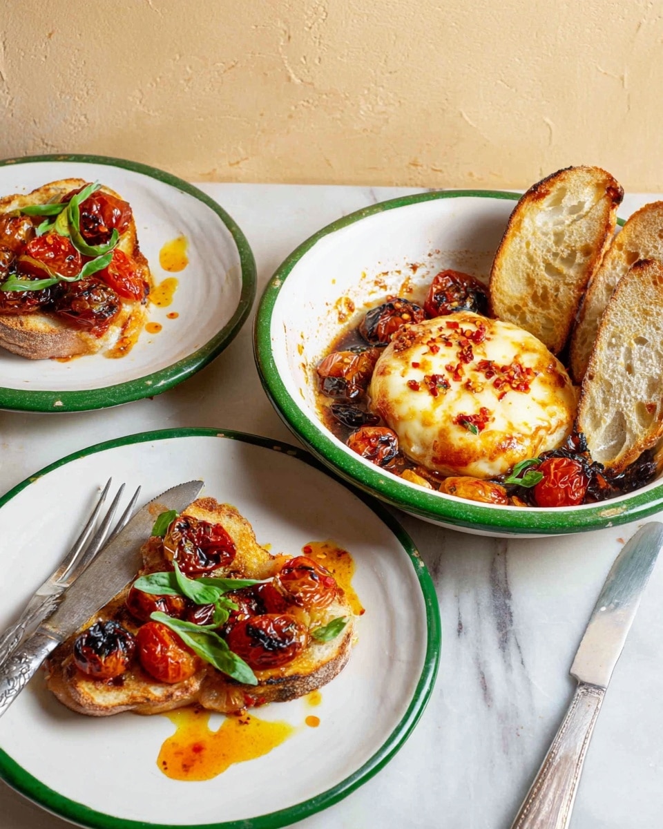 A round white bowl with a green inside rim holds a golden-brown melted cheese wheel topped with red pepper flakes, sitting in a dark oily mix with pieces of cooked cherry tomatoes, accompanied by two toasted bread slices resting against the bowl edge. In the foreground, two white round plates each have two toasted bread slices topped with melted cheese, roasted cherry tomatoes in red and black, and thin strips of fresh green basil, with some orange sauce drizzled around. A fork lies near one plate and a knife with some sauce rests on the other plate, all placed on a white marbled surface with a light beige wall background. Photo taken with an iphone --ar 4:5 --v 7