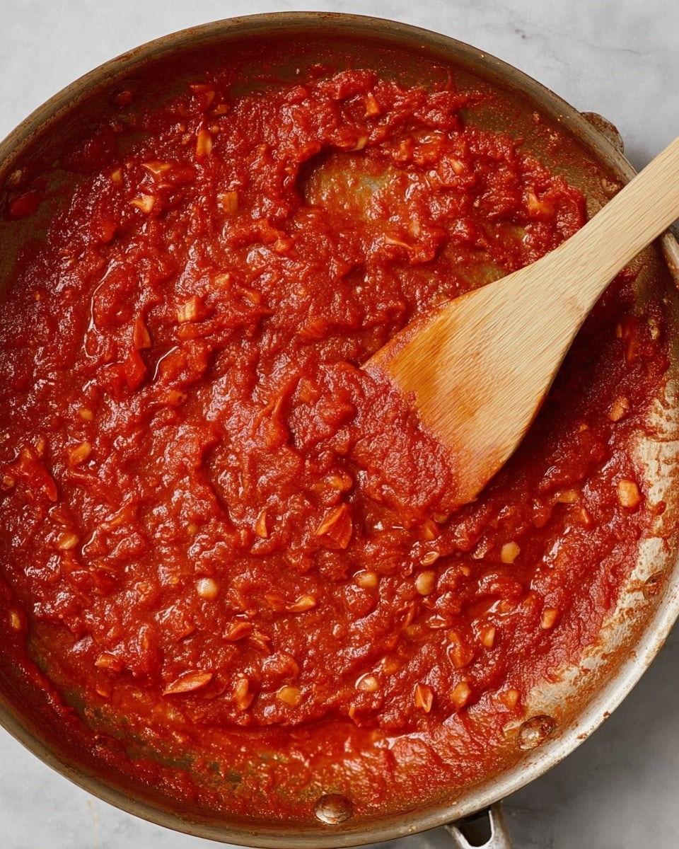 The image shows a close-up of a single layer of thick, chunky red tomato sauce with visible pieces of diced onions, garlic slices, and possibly bits of red bell pepper simmering in a silver pan. The sauce has a rich, smooth texture with small bits evenly spread across the surface, showing a glossy and slightly oily finish. A wooden spatula is placed inside the pan, partially covered in the sauce, with its light natural wood color contrasting against the red sauce. The scene is set on a white marbled surface. photo taken with an iphone --ar 4:5 --v 7