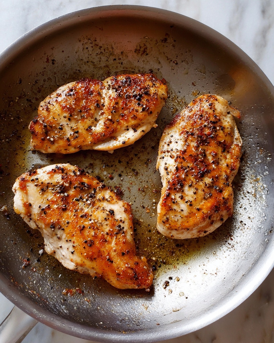 Three cooked chicken pieces are in a silver frying pan, each with a golden brown color and darker brown spots of seasoning and small black pepper flakes on top. The chicken pieces have slight crispy edges and show some glistening from oil. The pan surface has small bits of seasoning and slight browning from cooking. The background has a white marbled texture. photo taken with an iphone --ar 4:5 --v 7
