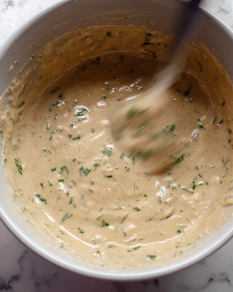 The image shows three thick pieces of cooked meat lightly browned with black pepper and herbs on top, sitting in a creamy, light yellow sauce inside a silver pan. The sauce has a smooth texture and is scattered with fresh green herbs, adding a pop of color. The pan sits on a white marbled surface, and the focus is on the close-up view of the meat and sauce combination. photo taken with an iphone --ar 4:5 --v 7