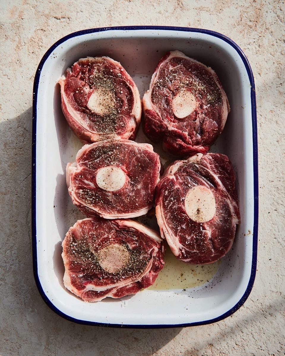 The image shows five thick round pieces of raw meat with a large white bone in the center of each piece, arranged in a white enamel baking dish with a blue rim. The meat layers are dark red with white marbling of fat and the bones have a creamy, slightly pink color. Each piece is sprinkled with coarse salt and black pepper covering the top surface. The baking dish sits on a rough, light-colored surface with a bit of shadow across the top left corner. photo taken with an iphone --ar 4:5 --v 7