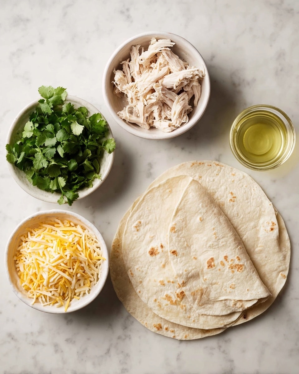 The image shows three soft, folded tortillas lying on a white marbled surface on the right side. Next to them are three small white bowls: one bowl contains shredded light-colored chicken, placed near the tortillas; another bowl is filled with fresh bright green cilantro leaves, positioned at the top left; the last bowl contains shredded yellow cheese with some lighter cheese mixed in, placed at the top right. Near the chicken bowl, there is a small glass cup filled with light yellow oil. The ingredients are arranged neatly and clearly on the white marbled surface photo taken with an iphone --ar 4:5 --v 7