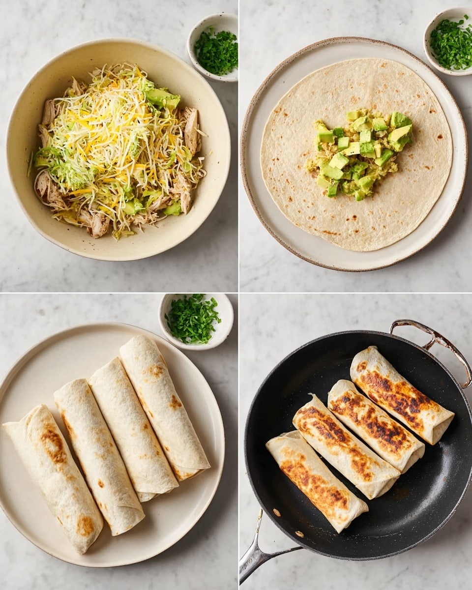 The image shows four tortilla wraps stacked on a white plate, each wrap sliced in half to reveal the filling inside. The outer layer is a golden-brown, slightly crispy tortilla. Inside, there are layers of light-colored shredded chicken, bright green avocado pieces, and some yellowish mashed avocado or similar spread mixed with small bits of green herbs. A wedge of lime with its bright green skin and juicy light green flesh is placed in front of the wraps on the plate. The background is a soft, blurred white marbled texture with a small bowl of green herbs visible behind the wraps. photo taken with an iphone --ar 4:5 --v 7