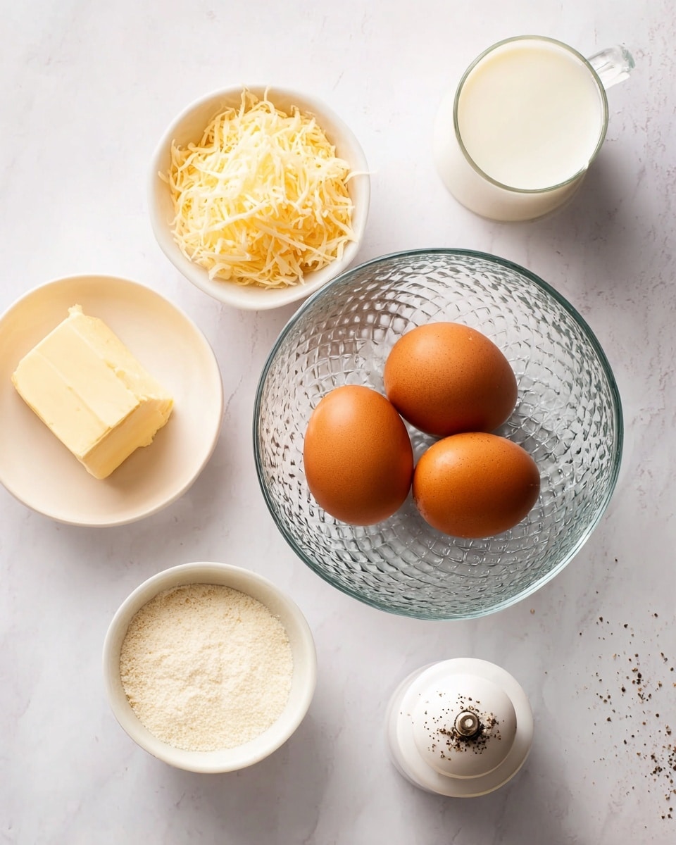 A top-down view of a white pot with reddish-brown handles filled with soft, creamy scrambled eggs. The eggs are pale yellow with some white parts showing, having a slightly lumpy but smooth texture. A shiny silver fork rests inside the pot, positioned diagonally from the top right edge towards the middle, partially dipped into the eggs. The pot is placed on a white marbled surface with subtle gray veins, giving a clean and simple background. Photo taken with an iphone --ar 4:5 --v 7
