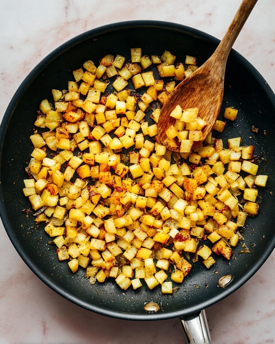 A black pan filled with one layer of small, golden brown diced potatoes that are lightly crisp around some edges. The potatoes vary in color from pale yellow to deeper golden tones. A wooden spoon rests in the pan near the top right, slightly lifting some potatoes. The pan is placed on a white marbled surface. photo taken with an iphone --ar 4:5 --v 7