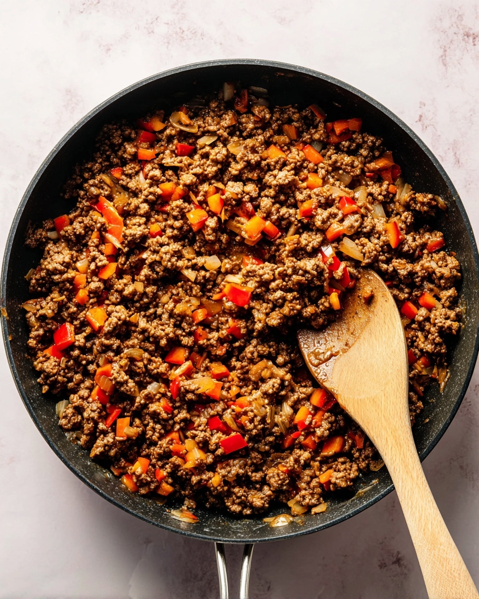 A black frying pan on a white marbled surface holds a cooked mixture with four visible layers: the first layer is small yellow diced potatoes with a soft, slightly browned texture; the second layer has cooked ground meat in dark brown small chunks; the third layer shows bright red diced bell peppers adding color; the fourth layer is fresh green chopped herbs sprinkled all over. A wooden spoon rests inside the pan, partially scooping the mixture. Nearby on the surface are a white bowl with shredded yellow cheese and a blue bowl with more green chopped herbs. A corner of a rust-colored cloth is visible at the bottom right. Photo taken with an iphone --ar 4:5 --v 7