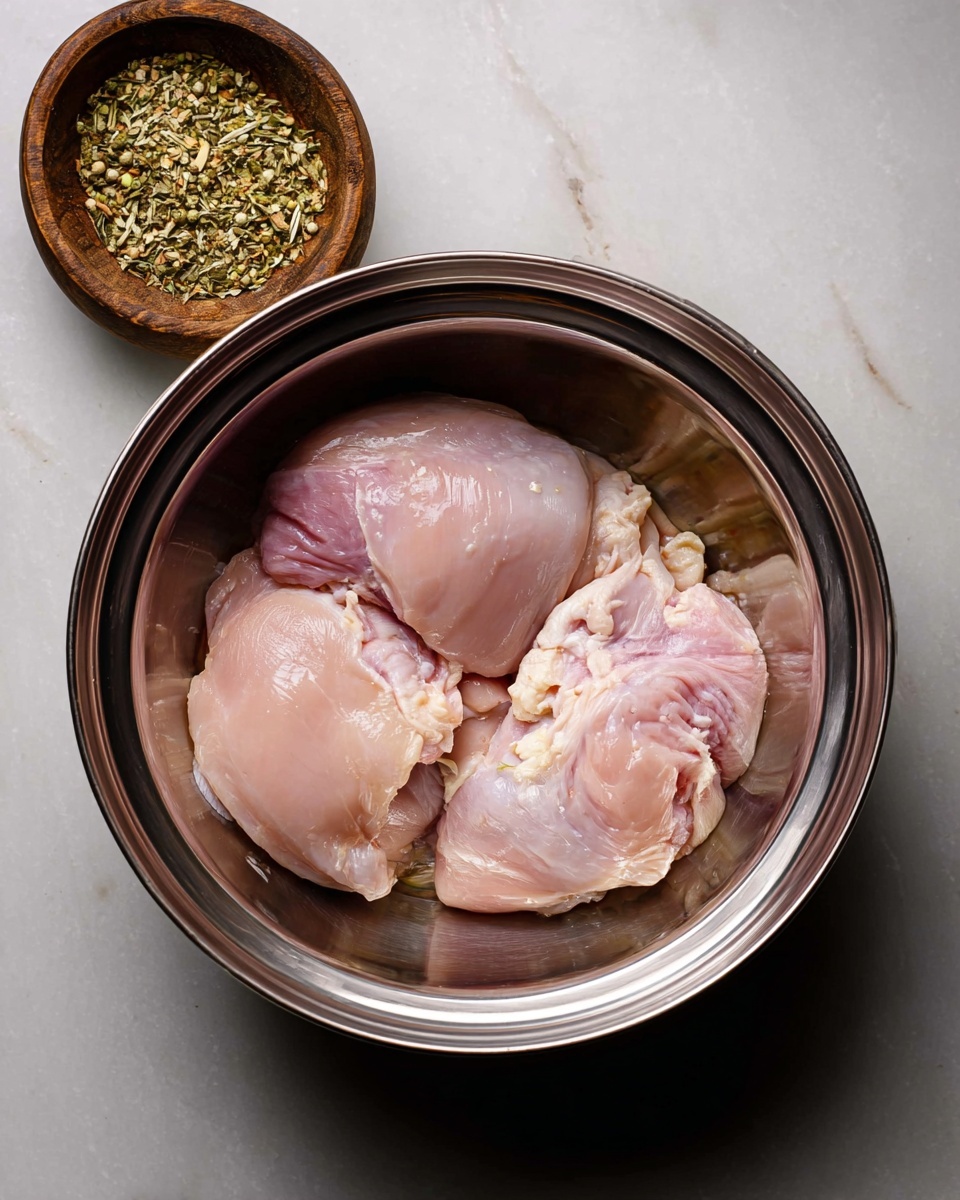 A shiny metal bowl contains three raw pale pink pieces of chicken, each with visible soft textures and some white fat patches. The bowl sits on a white marbled surface, and in the upper left corner, there is a small wooden bowl filled with mixed dried green and yellow herbs and spices. The overall scene focuses on the raw chicken pieces inside the metal bowl with a clear view of their smooth and slightly wet texture. Photo taken with an iphone --ar 4:5 --v 7