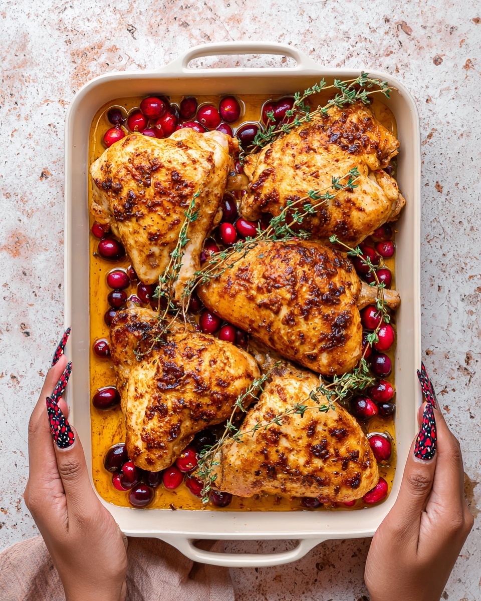 A rectangular white baking pan holds four large pieces of cooked chicken that are golden brown with a textured, slightly crispy skin. The chicken pieces are arranged close together, almost touching, and scattered around them are bright red and dark red fresh cranberries. Several sprigs of fresh green thyme lie on top of and between the chicken pieces. The pan is being held from the bottom handles by a pair of woman's hands with bright red and black patterned nails. The background is a white marbled texture. Photo taken with an iphone --ar 4:5 --v 7