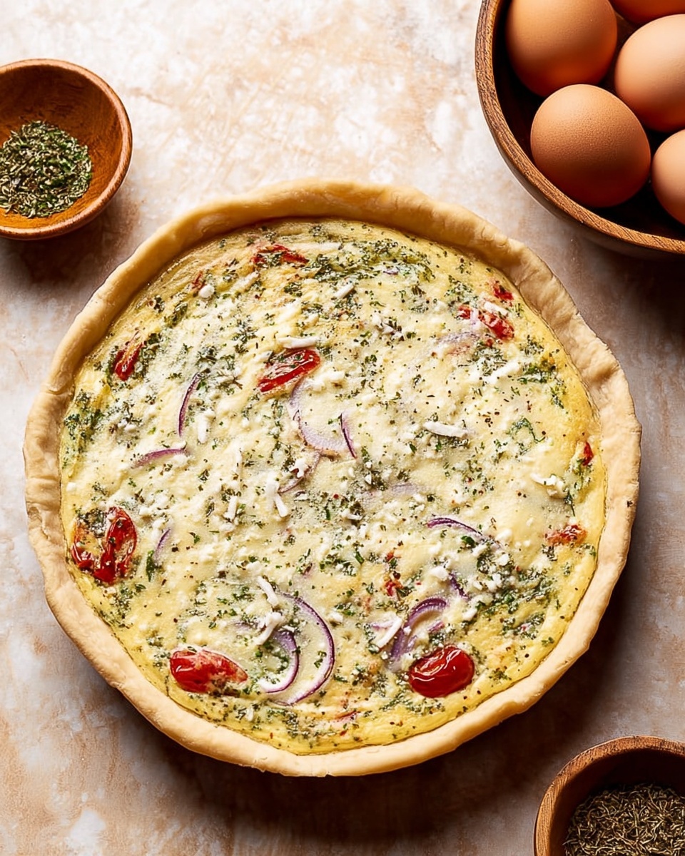 The image shows a savory pie served in a white pie dish and two white plates, placed on a wooden surface. The pie has a golden-brown crust with a slightly raised and flaky edge. Its filling has visible layers including melted cheese with a yellow-orange tint, green herbs mixed throughout, slices of red tomatoes, and some caramelized onions. The texture looks soft and slightly firm, with the cheese appearing melted and speckled with herbs. One slice sits on a white plate with a brass fork resting nearby, and another slice with some of the filling slightly broken apart lies on a second white plate. A few sprigs of fresh green herbs are scattered next to the plates. photo taken with an iphone --ar 4:5 --v 7
