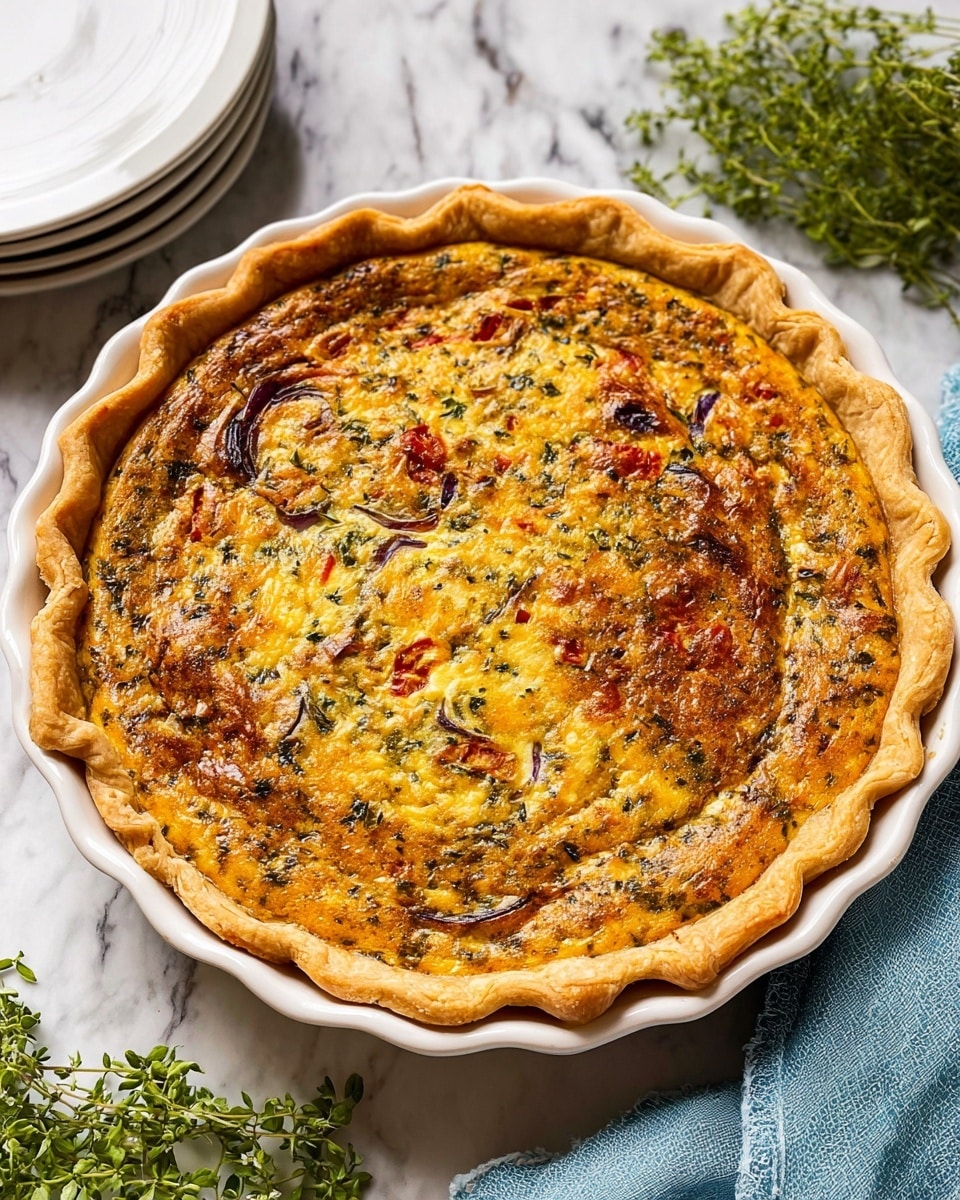 A golden brown quiche sits in a white dish, showing a slightly wavy crust edge. The top layer is a cooked egg mixture with visible herbs sprinkled throughout, giving it a green speckled texture. Inside this layer, small red tomato pieces and thin slices of purple onion are visible. The filling appears thick and slightly shiny with uneven golden spots. Around the dish, there are green sprigs of herbs, folded light blue cloth, and stacked white plates on a white marbled surface. Photo taken with an iphone --ar 4:5 --v 7
