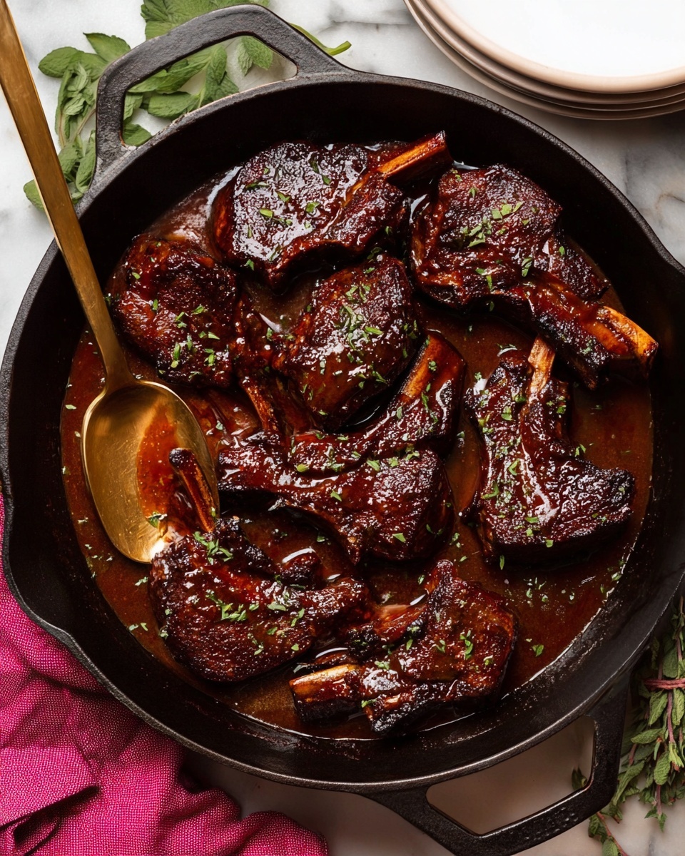 The image shows a white oval plate filled with around ten grilled lamb chops, arranged in a scattered pile, each chop displaying a rich, dark brown color with a shiny glaze and visible grill marks. The meat looks juicy and tender, with a slightly crispy texture on the edges. Small green herb sprinkles cover the lamb chops for garnish. The plate sits on a wooden table with a fresh green sage sprig placed on the left side of the plate and a pink cloth partially visible on the bottom right corner. The photo taken with an iphone --ar 4:5 --v 7