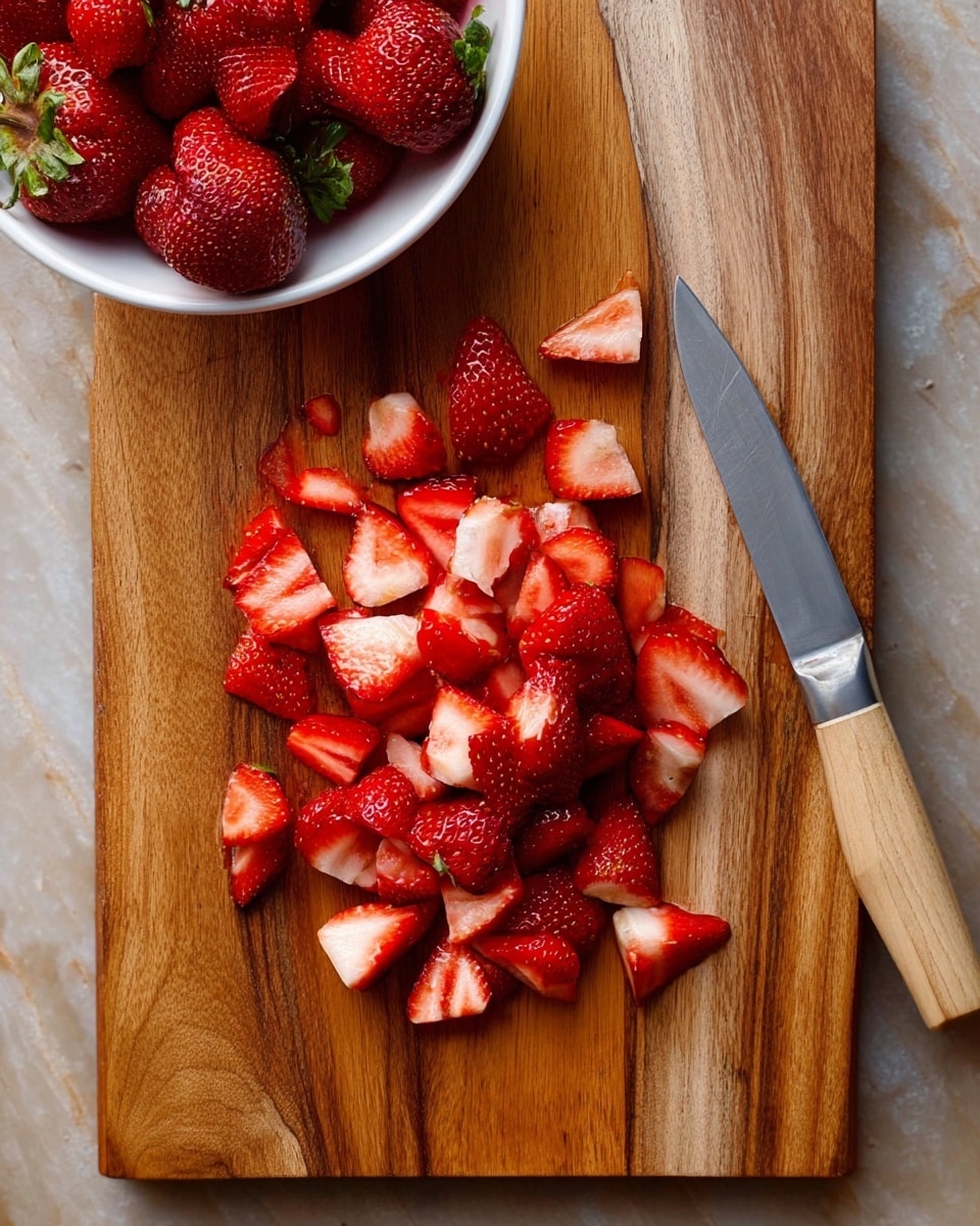 A wooden cutting board with a mix of halved and quartered bright red strawberries, some showing the white inner flesh and seeds, arranged in a small pile mostly in the center. To the right of the strawberries lies a silver kitchen knife with a light wooden handle resting horizontally. In the upper left corner, a white bowl filled with whole strawberries and strawberry halves sits partly visible. The scene is set on a white marbled surface that contrasts with the warm tones of the wooden board and the rich red of the strawberries. photo taken with an iphone --ar 4:5 --v 7