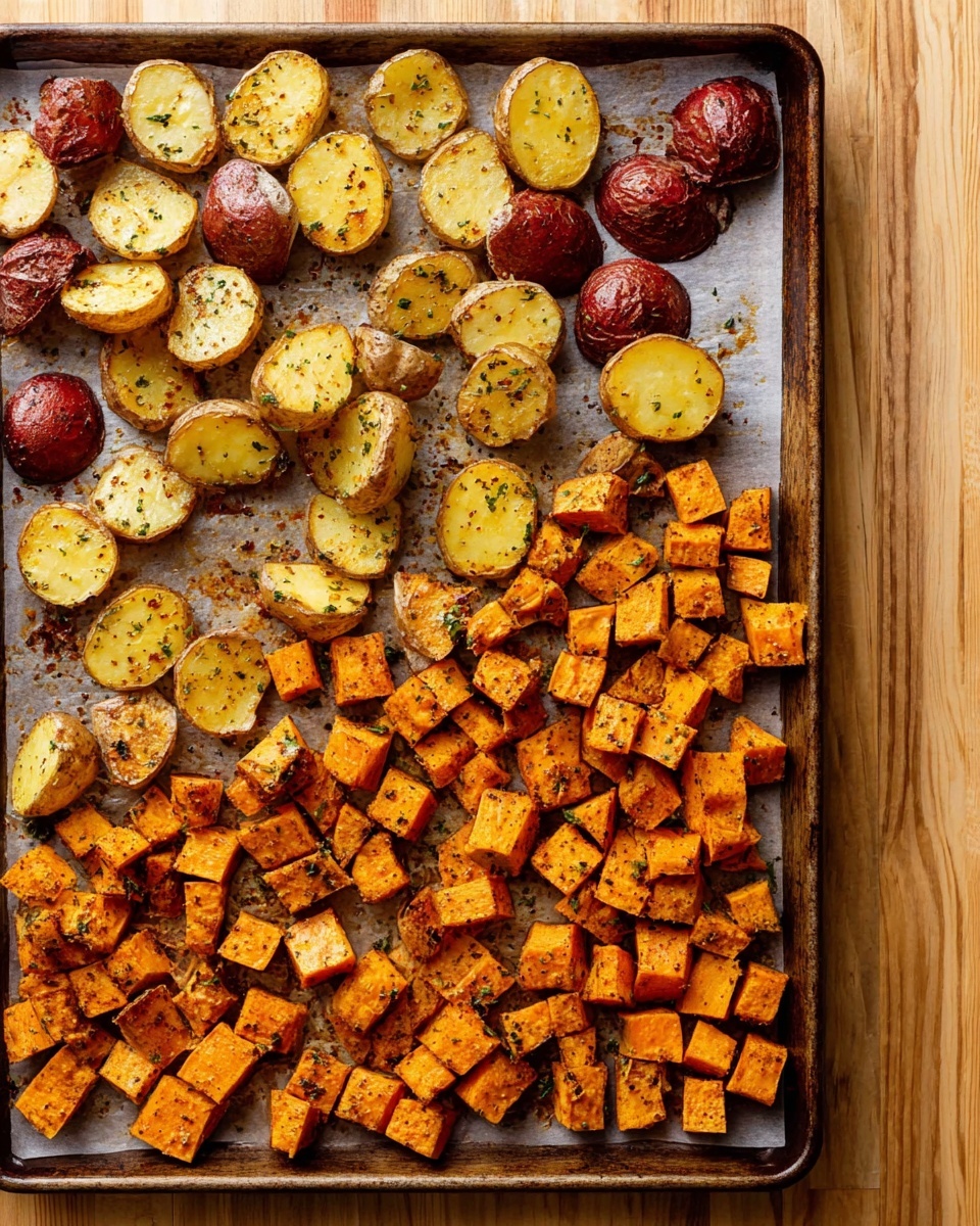 A sheet pan filled with two distinct sections of roasted vegetables on parchment paper. The top half has halved red potatoes with a golden, crispy skin lightly seasoned with herbs and spices, revealing the soft, yellow inside. The bottom half shows evenly cut cubes of sweet potatoes, roasted to a deep orange color with a slightly caramelized texture and specks of seasoning. The sheet pan is placed on a light wooden surface. photo taken with an iphone --ar 4:5 --v 7