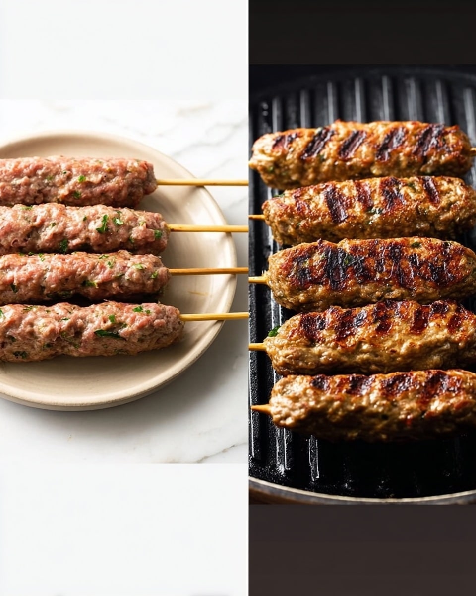 The image shows two views of grilled minced meat skewers on wooden sticks. On the left, the skewers are uncooked, stacked side by side on a round white plate with a smooth texture, placed on a white marbled surface. The meat looks raw, unevenly shaped, and has small bits of green herbs visible throughout. On the right, cooked meat skewers sit on a black grill pan with clear grill marks and some browning. The meat appears firm, shiny, and well-grilled, with a golden-brown color mixed with darker charred lines. Photo taken with an iphone --ar 4:5 --v 7