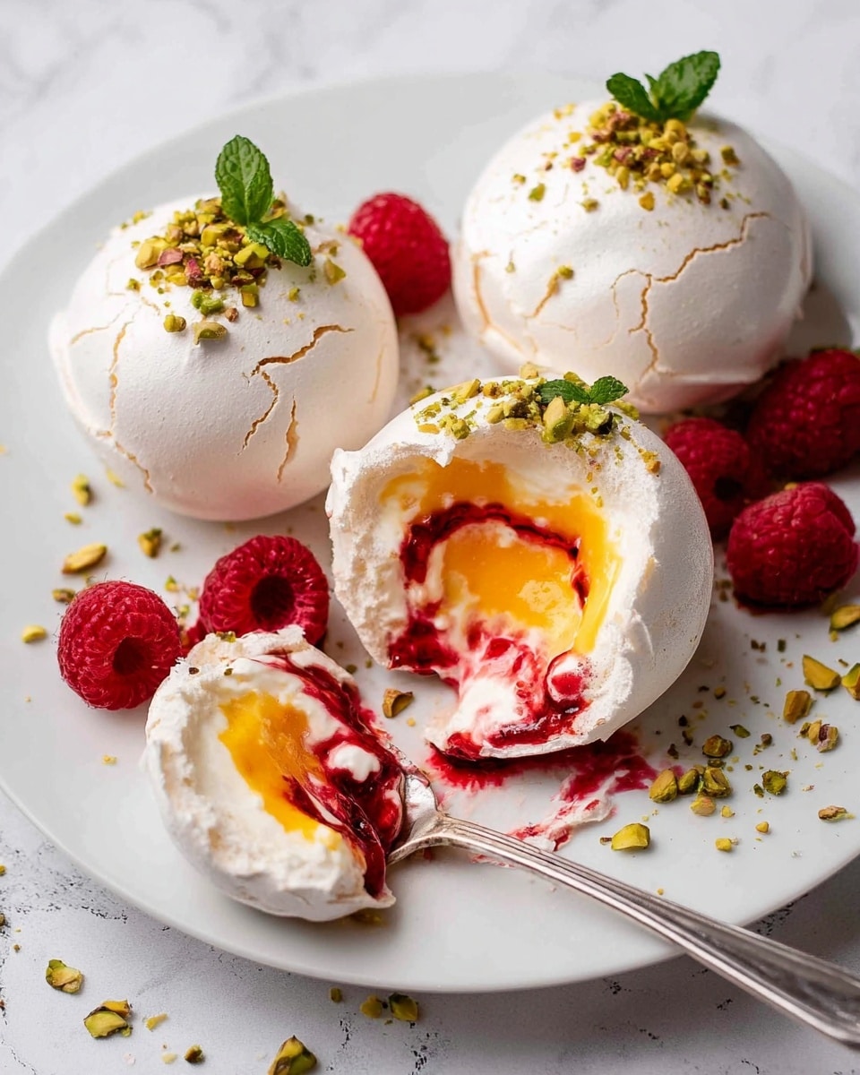 The image shows three round meringue nests on a white plate, each with a smooth white shell and a hollow center. The nests have a soft, cracked texture, with one nest broken open to reveal three layers inside: a white whipped cream base, topped with a bright yellow creamy custard layer, and a red vibrant raspberry sauce swirling over it. Small green mint leaves and crushed light green pistachio pieces decorate the nests and the plate. Fresh red raspberries are scattered around the plate, which sits on a white marbled surface. A silver spoon is inside the open nest, breaking the meringue shell and showing the creamy inside. The scene looks fresh and inviting with a mix of soft and crunchy textures. Photo taken with an iphone --ar 4:5 --v 7