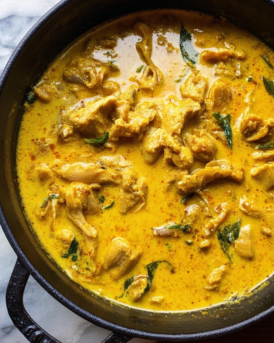 A close-up view of a black cast iron pot filled with creamy yellow curry sauce containing soft pieces of meat and some small green herb leaves scattered throughout. The dish has a thick texture with visible chunks immersed in the sauce. The pot is placed on a white marbled surface, enhancing the warm golden color of the curry. photo taken with an iphone --ar 4:5 --v 7