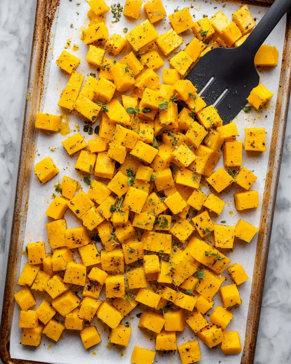 The image shows many small yellow-orange cubes spread evenly across a white baking sheet lined with white parchment paper. The cubes have a smooth, slightly shiny texture with some herbs and black pepper sprinkled over them, adding touches of green and black. A black spatula rests on the top right corner of the baking sheet, overlapping some cubes. The background surface is a white marbled texture visible around the edges of the baking tray. photo taken with an iphone --ar 4:5 --v 7