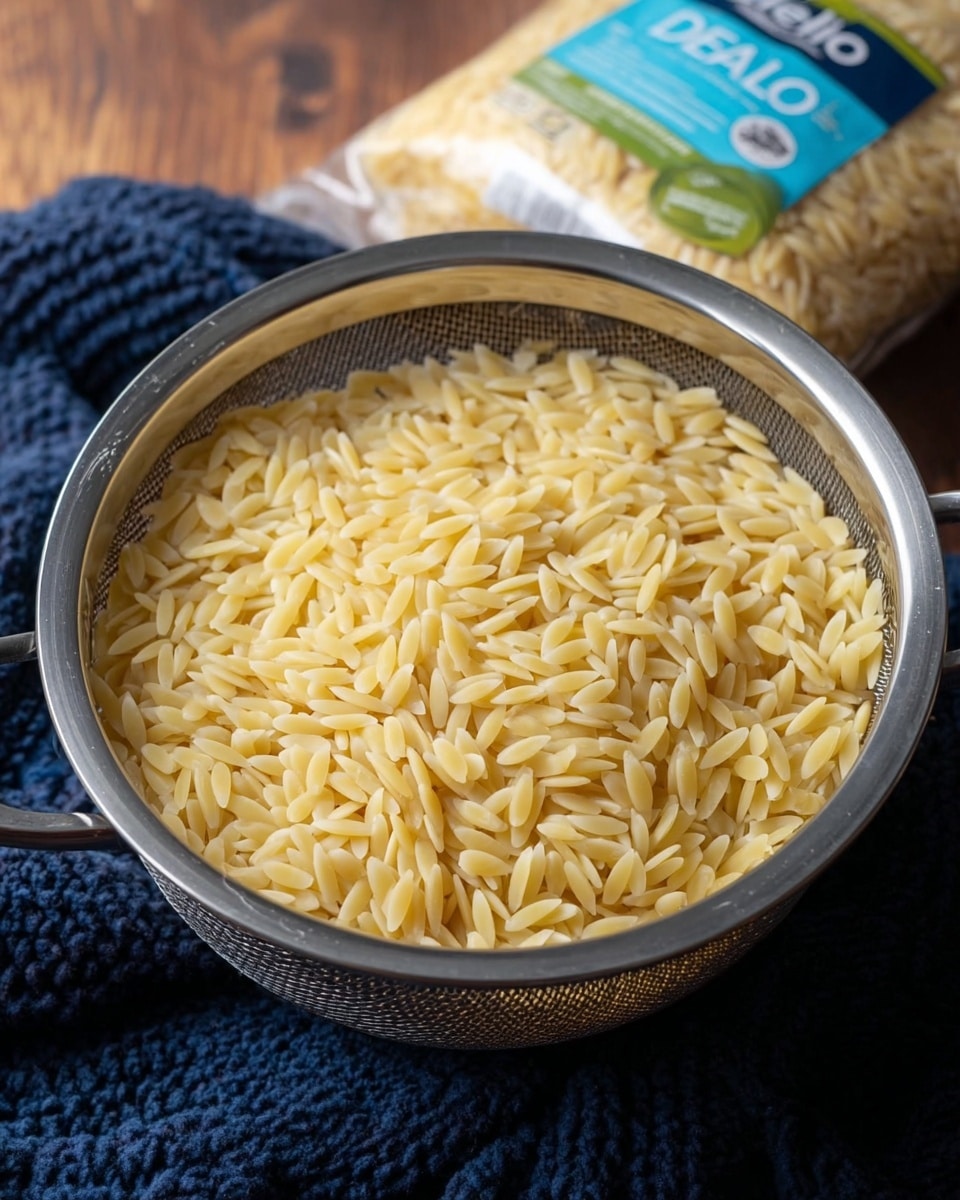 A clear glass bowl filled with a salad showing three main layers: at the bottom and throughout, small rice-shaped pale yellow pasta pieces; mixed evenly above and through the pasta are bright orange cubes of roasted squash; scattered within and on top are fresh green arugula leaves adding a leafy texture. The salad is lightly speckled with black pepper, and a black spoon rests in the bowl. The bowl is placed on a dark blue knitted cloth on top of a dark wooden surface, with a white marbled surface faintly visible around it. The background includes a blurred white and blue pasta package. Photo taken with an iphone --ar 4:5 --v 7