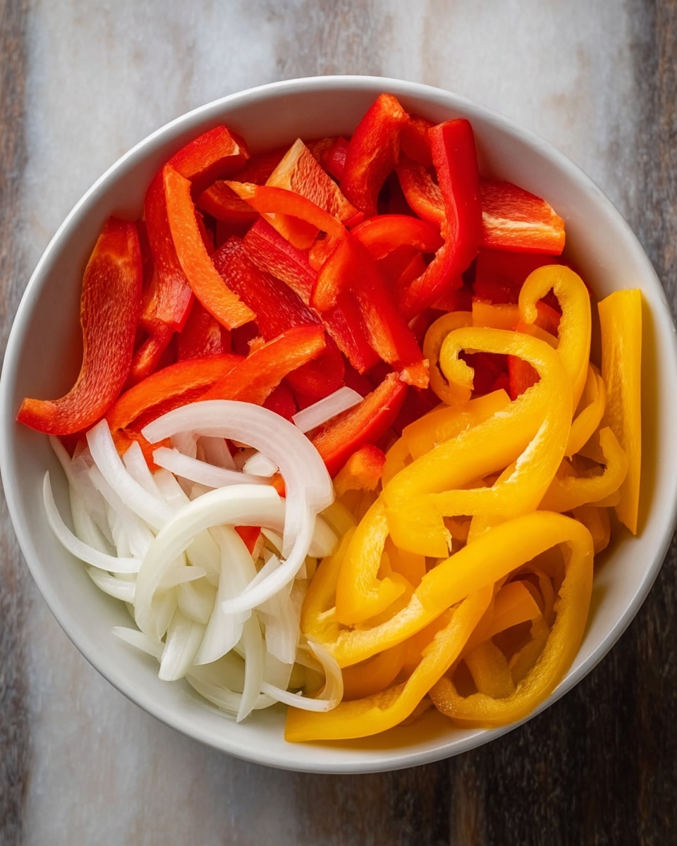 A white bowl filled with three clear sections of sliced vegetables on a white marbled surface. The top half of the bowl holds many bright red pepper strips with a shiny, smooth texture. The bottom right section contains bright yellow pepper strips, also shiny and fresh looking. The bottom left section has thin, curved, white onion slices with a slightly translucent texture. The colors are vibrant and the vegetables look crisp and fresh. Photo taken with an iphone --ar 4:5 --v 7