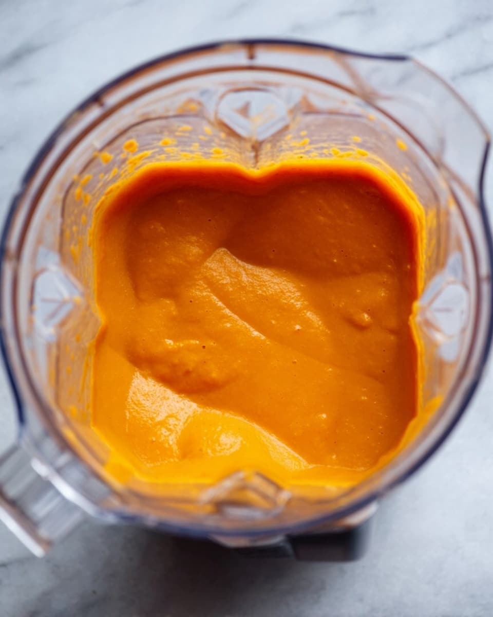A clear blender container filled with smooth, bright orange sauce or puree that has a thick, creamy texture and a few small visible bits. The container is placed on a white marbled surface. The sauce covers the bottom and part of the sides inside the blender. Photo taken with an iphone --ar 4:5 --v 7