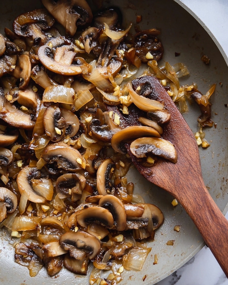 The image shows slices of cooked mushrooms and translucent soft onions mixed with small pieces of minced garlic in a pan. The mushrooms have a light brown color with some dark brown edges, and the onions have a pale golden tone. The ingredients are coated in a slightly shiny light brown sauce, giving a moist texture. A wooden spatula with a rich brown color rests in the pan, partially covered by the mushroom mix. The background around the pan is a white marbled texture. photo taken with an iphone --ar 4:5 --v 7