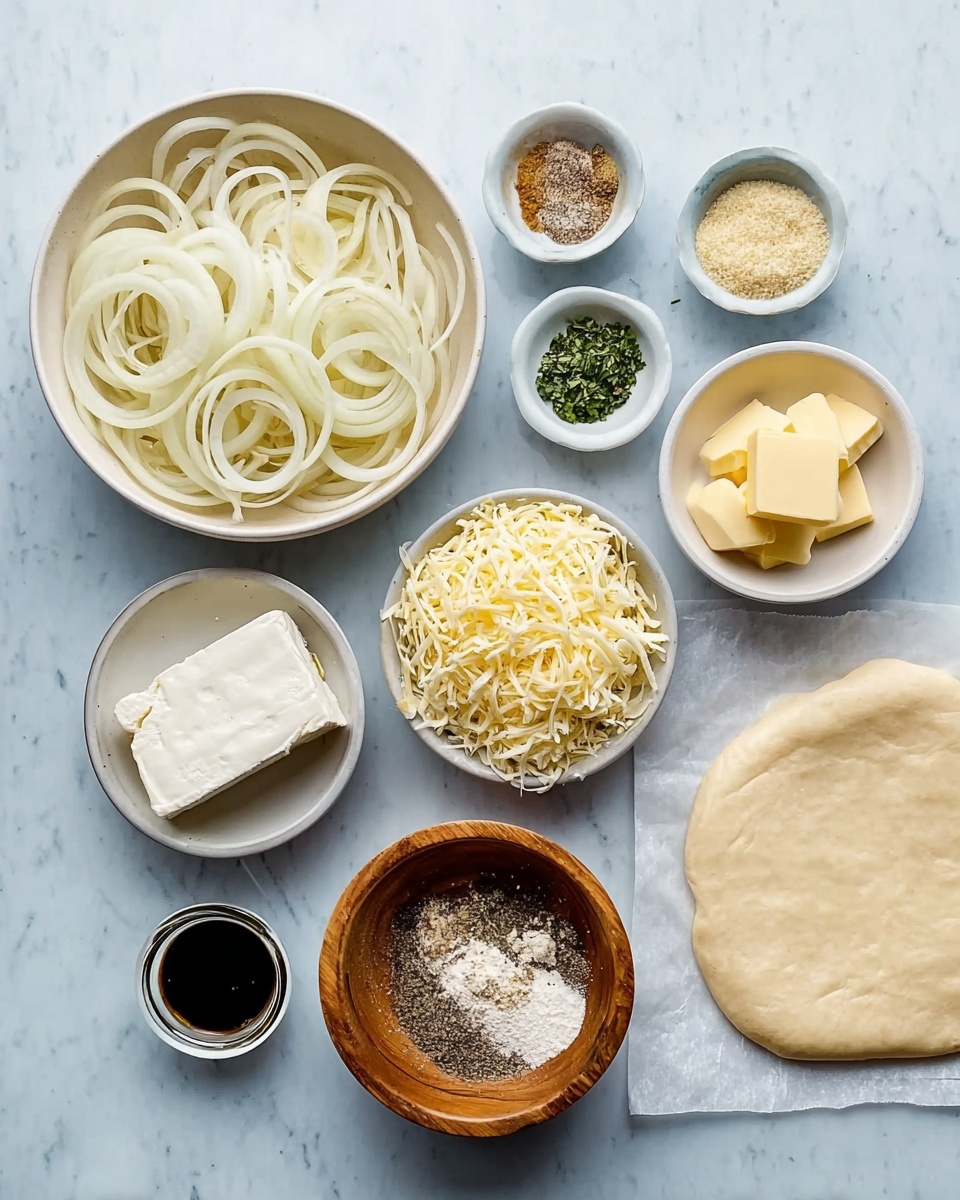 The image shows several small white bowls and one wooden bowl arranged neatly on a white marbled surface. The largest white bowl is filled with thin, pale onion rings stacked loosely. Next to it, a small white bowl contains three small yellow butter squares. Another medium white bowl holds a block of white cream cheese. A separate white bowl is filled with shredded light yellow cheese. The wooden bowl has crushed black pepper inside. Smaller white bowls contain light brown sugar, mustard, salt, green herbs, flour, and a dark liquid sauce. To the right side, there is a smooth, light beige dough sheet resting on white parchment paper. photo taken with an iphone --ar 4:5 --v 7