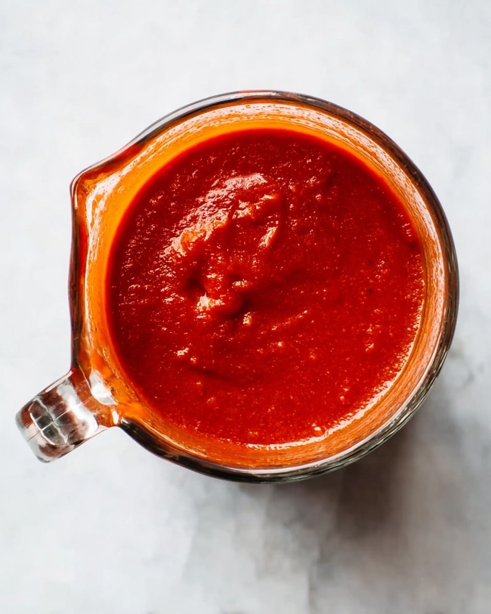 The dish is shown on a white oval plate placed over a white marbled surface. It has three layers; the bottom layer is a white creamy spread, smooth and slightly thick, covering the plate base. The middle layer is a thick, bright red sauce spread unevenly over the creamy base, with some sauce dripping down the edges. The top layer is a pile of small, pale pink shrimp arranged loosely over the sauce. On the right side of the plate, a dark spoon rests, partially on the plate, with its bowl facing the shrimp. photo taken with an iphone --ar 4:5 --v 7