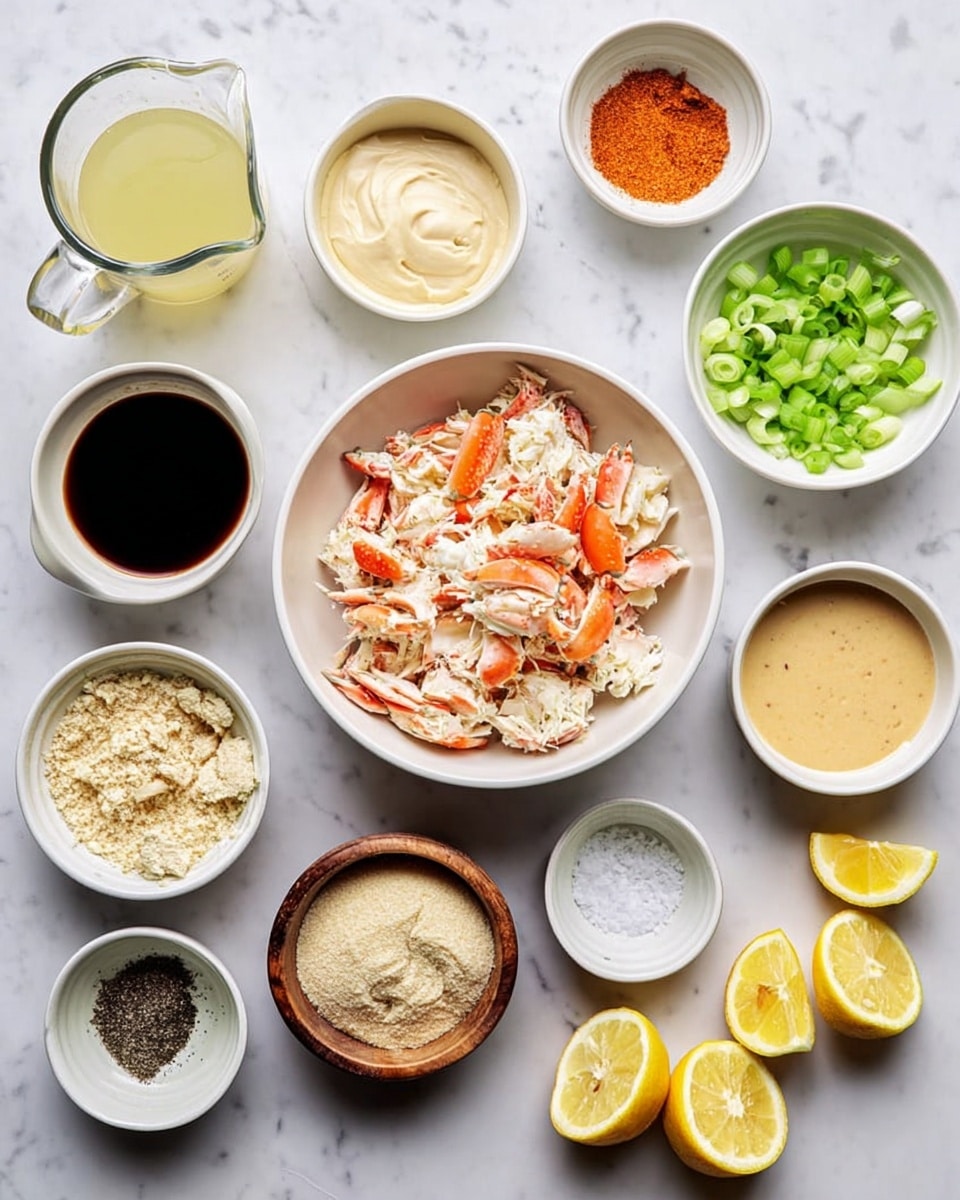 A white bowl in the center holds a mix of light crab meat with orange-red crab pieces scattered on top. Surrounding it are ten small white bowls arranged on a white marble surface. From top left to right, there is a clear glass measuring cup filled with a pale yellow liquid, a small white bowl with dark soy sauce, and another with a reddish spice powder. To the right are two bowls, one with off-white mayo and one with a yellow mustard sauce. Further right are chopped green onions in a bowl and a black bowl with white salt. Below these, a wooden bowl holds black pepper, and next to it, a white bowl with a creamy beige sauce. Below the crab, a bowl contains a beige breadcrumb mixture, and to the left are chopped celery sticks in a bowl, a foam-topped beaten orange egg mixture in another, and finally a bowl with lemon wedges. Everything is neatly arranged with clear details and soft lighting, photo taken with an iphone --ar 4:5 --v 7