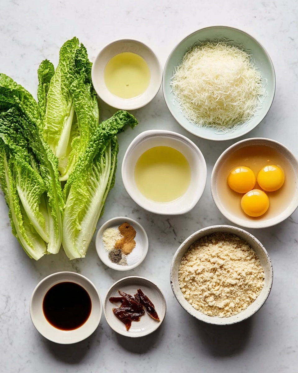 Several ingredients are shown on a white marbled surface, including fresh green romaine lettuce leaves on the left side. To the right, there are multiple white bowls arranged neatly. The largest bowl contains a white grated or shredded cheese. Above that, a small bowl holds a light yellow liquid. To the right of that, another white bowl contains two raw egg yolks. To the far right, a bigger white bowl is filled with a light beige, crumbly ingredient. Other smaller white bowls contain various seasonings and items, including minced garlic, small dark brown fillets, dark soy sauce, salt, black pepper, and a golden liquid similar to oil or honey. The arrangement is clean and organized, with a simple, bright look. photo taken with an iphone --ar 4:5 --v 7
