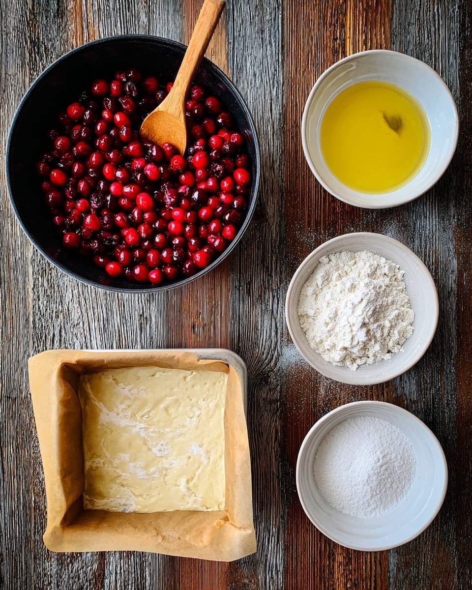 The image shows four separate items for baking placed on a rustic wooden surface. On the top left, there is a black pot filled with bright red cranberries and a wooden spoon resting in it. On the top right, a white bowl holds yellow liquid, likely melted butter or oil, with a pile of white flour on one side. Below these, on the bottom left, there is a square baking pan lined with parchment paper and filled with a pale, thin dough layer that fits the pan exactly. On the bottom right, another white bowl contains white sugar along with a smaller amount of white flour or baking powder on top. The scene is well lit with natural light, clear and focused. Photo taken with an iphone --ar 4:5 --v 7