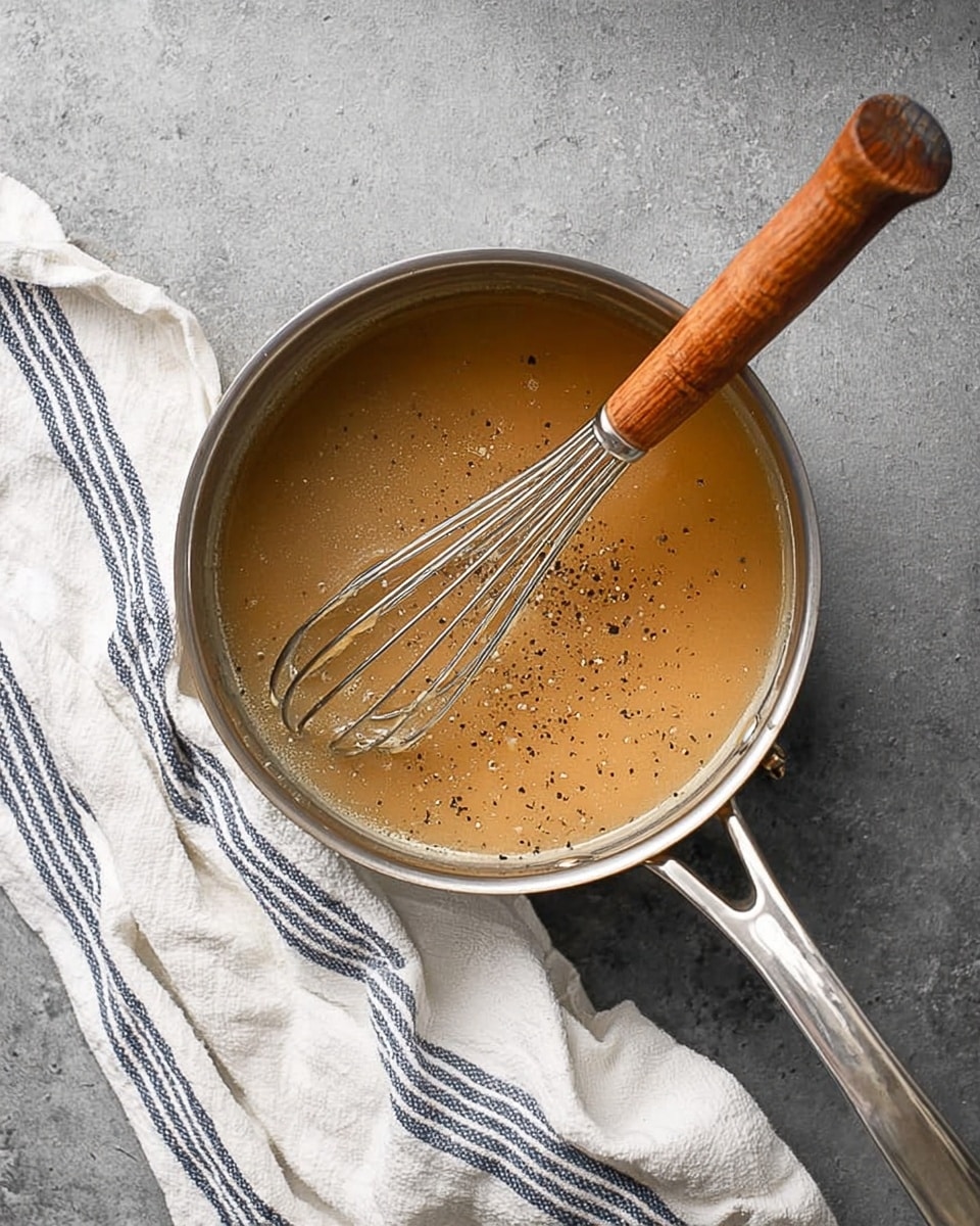A metal pot filled with a creamy light brown sauce with a visible texture, sitting on a gray surface with a white cloth with blue stripes beside it. A whisk with a wooden handle rests inside the pot, slightly covered in the sauce, stirring the sauce with black pepper sprinkled on top. The pot's handle shines in the light, and the scene is simple and clean. Photo taken with an iphone --ar 4:5 --v 7