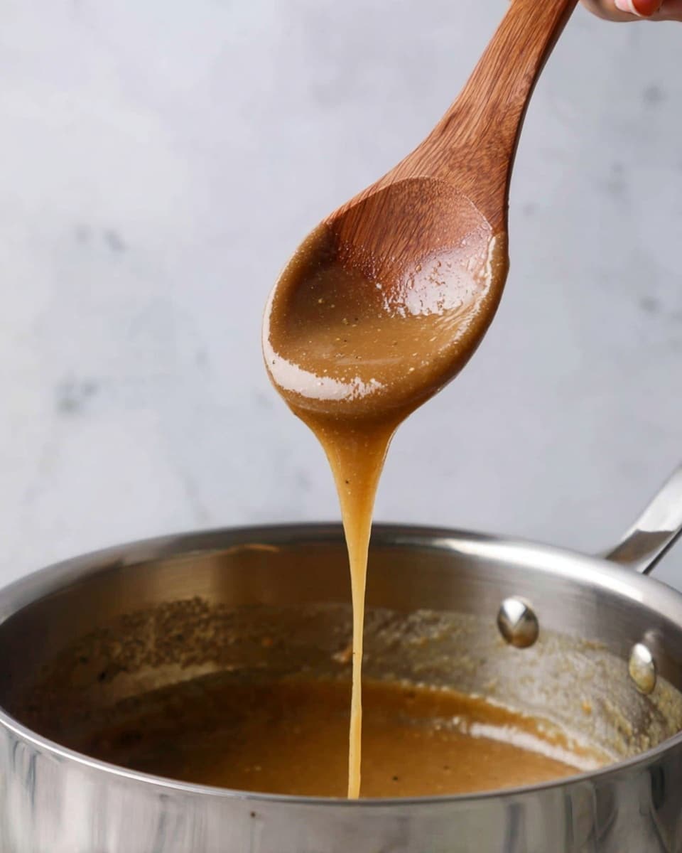 A white plate holds three layers of food arranged side by side: a large mound of creamy, smooth mashed potatoes with a small hollow in the middle, a round golden biscuit placed near the back, and a pile of bright green peas on the right side. A wooden spoon drizzles warm brown gravy over the mashed potatoes, with some gravy catching on the edges; the gravy looks smooth with tiny specks of seasoning. The plate sits on a white marbled surface, and in the background, a white gravy boat with a floral pattern is partially visible. photo taken with an iphone --ar 4:5 --v 7