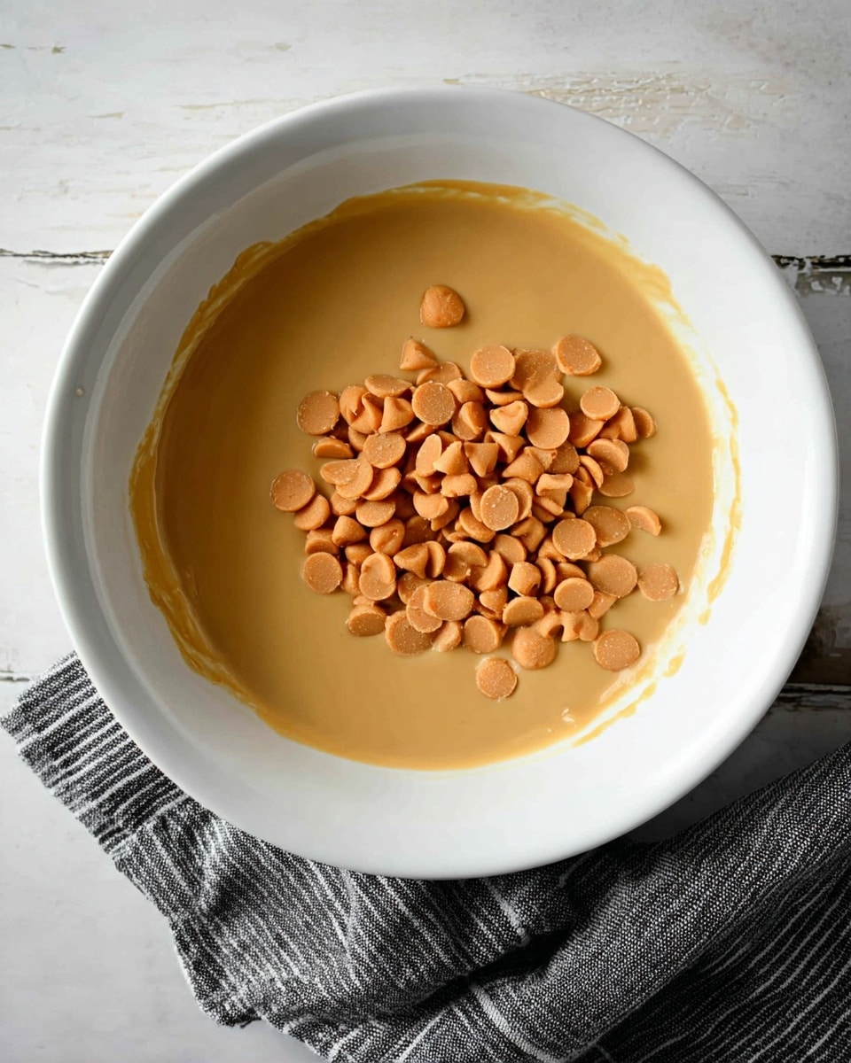 A square metal pan lined with parchment paper holds a smooth layer of thick, shiny, caramel-colored batter, evenly spread to fill the entire pan. The pan is on a white marbled surface, with a white and dark cloth with stripes visible at the bottom right corner. Two wooden clothespins hold the parchment paper on opposite sides at the top of the pan. Photo taken with an iphone --ar 4:5 --v 7