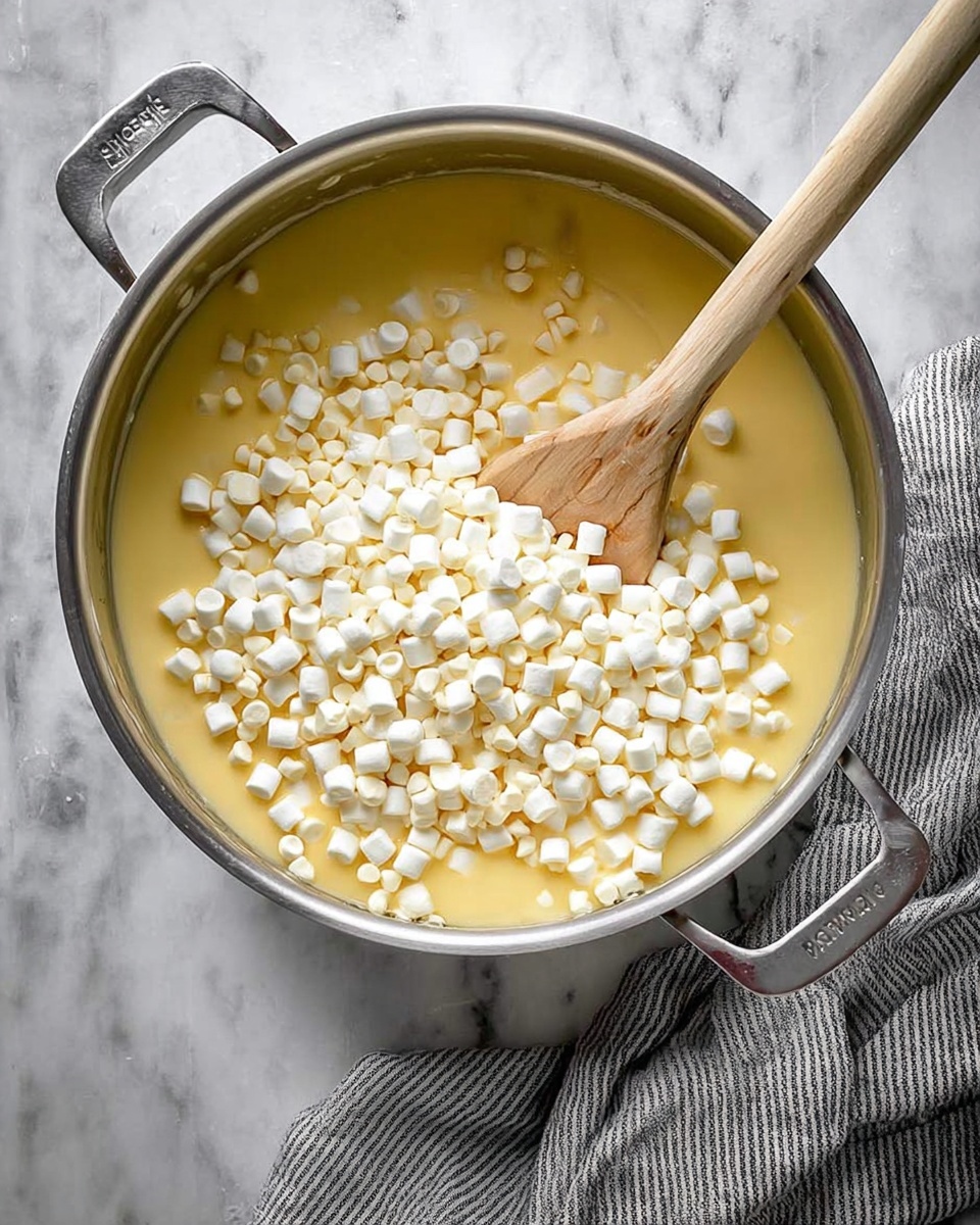 A large silver pot filled with a smooth, yellow melted butter layer at the bottom, topped with a thick layer of small, white mini marshmallows and small white chocolate chips scattered unevenly across the top. A wooden spoon with a light natural texture is resting inside the pot, partially submerged in the marshmallows and chocolate chips. The pot sits on a white marbled surface with a gray and white striped cloth partially under the pot on the right side. photo taken with an iphone --ar 4:5 --v 7