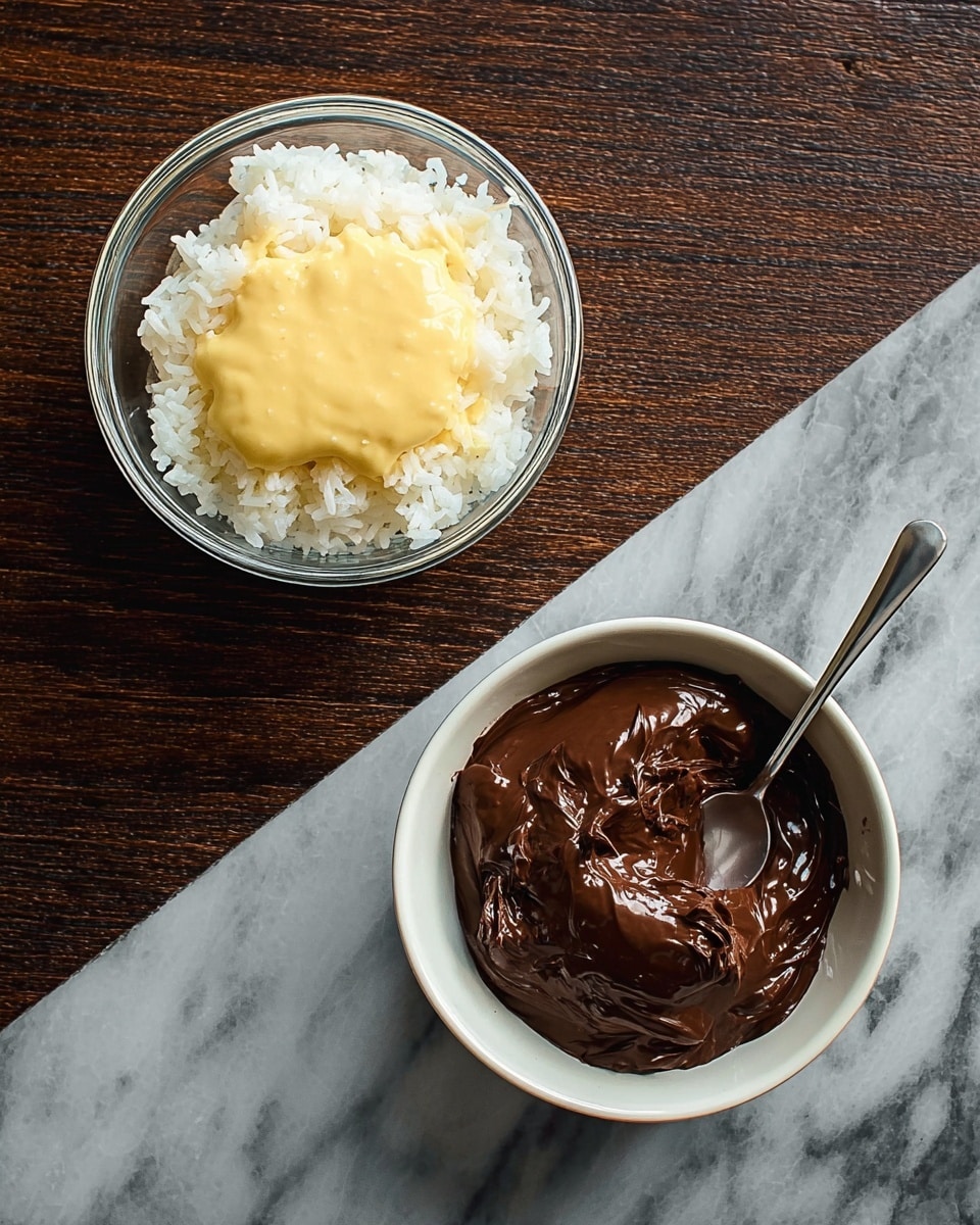 The image shows two round bowls on a dark wooden surface. On the left, there is a clear glass bowl filled with white rice topped with a smooth, light yellow sauce spread more in the center. On the right, there is a white bowl with thick dark brown chocolate spread inside, with a silver spoon resting in the bowl covered in the chocolate. The background is a white marbled texture beneath the bowls. photo taken with an iphone --ar 4:5 --v 7