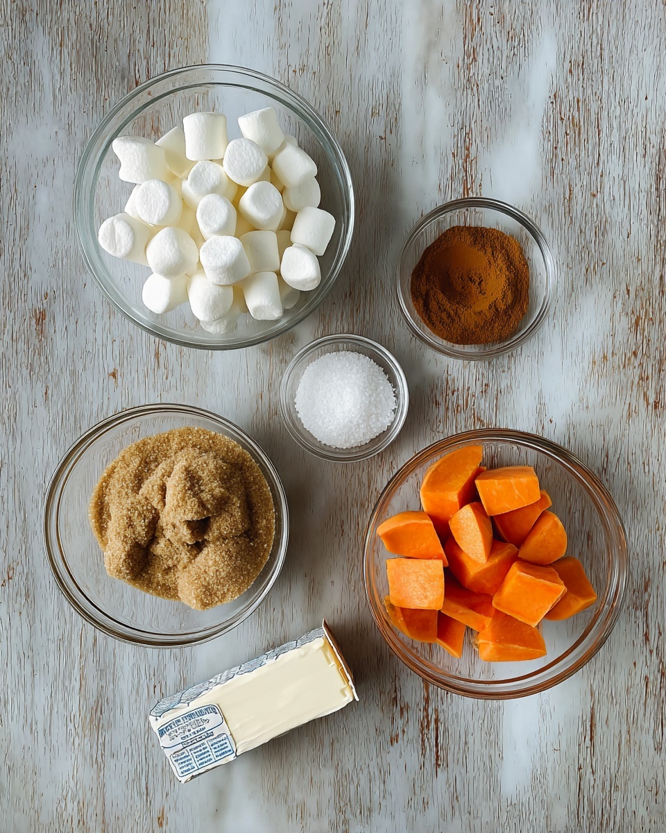The image shows six small glass bowls and a small rectangular stick of butter arranged on a white marbled surface. In the top left bowl, there are many white mini marshmallows. To the right, a smaller bowl holds a mound of cinnamon powder. Below the cinnamon, a tiny bowl contains white salt. To the right of the salt is a medium-sized bowl filled with bright orange, peeled and chopped sweet potatoes. Near the bottom left, a larger bowl is full of light brown sugar, clumped together in soft piles. To the right of the brown sugar, there is a wrapped stick of butter with a white and blue label. All items are simply arranged in a slightly loose grid pattern. Photo taken with an iphone --ar 4:5 --v 7