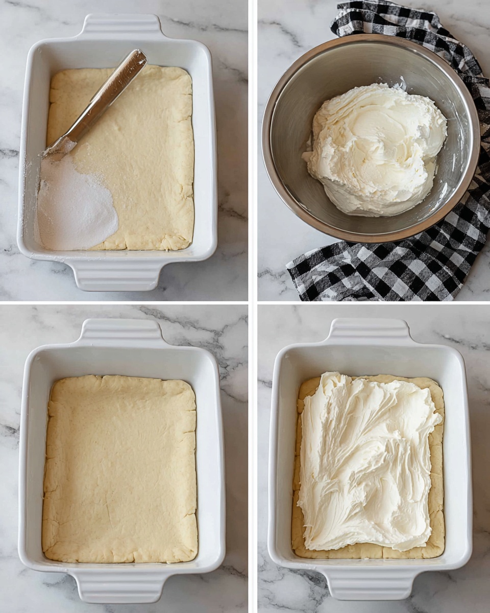 The image shows a step-by-step view of a layered dessert or dish in a white baking dish placed on a white marbled surface. The first layer is a flat, light beige dough spread evenly to cover the bottom and edges of the dish. Next to it, a metal mixing bowl contains white cream cheese, sugar, and vanilla, sitting next to a black and white checkered cloth. In the third part, a large dollop of thick white cream cheese mixture is added on top of the dough in the baking dish, showing a creamy and soft texture. The final image shows the dough folded over the cream layer, sealing it inside with slightly folded edges and a smooth, light beige top. photo taken with an iphone --ar 4:5 --v 7