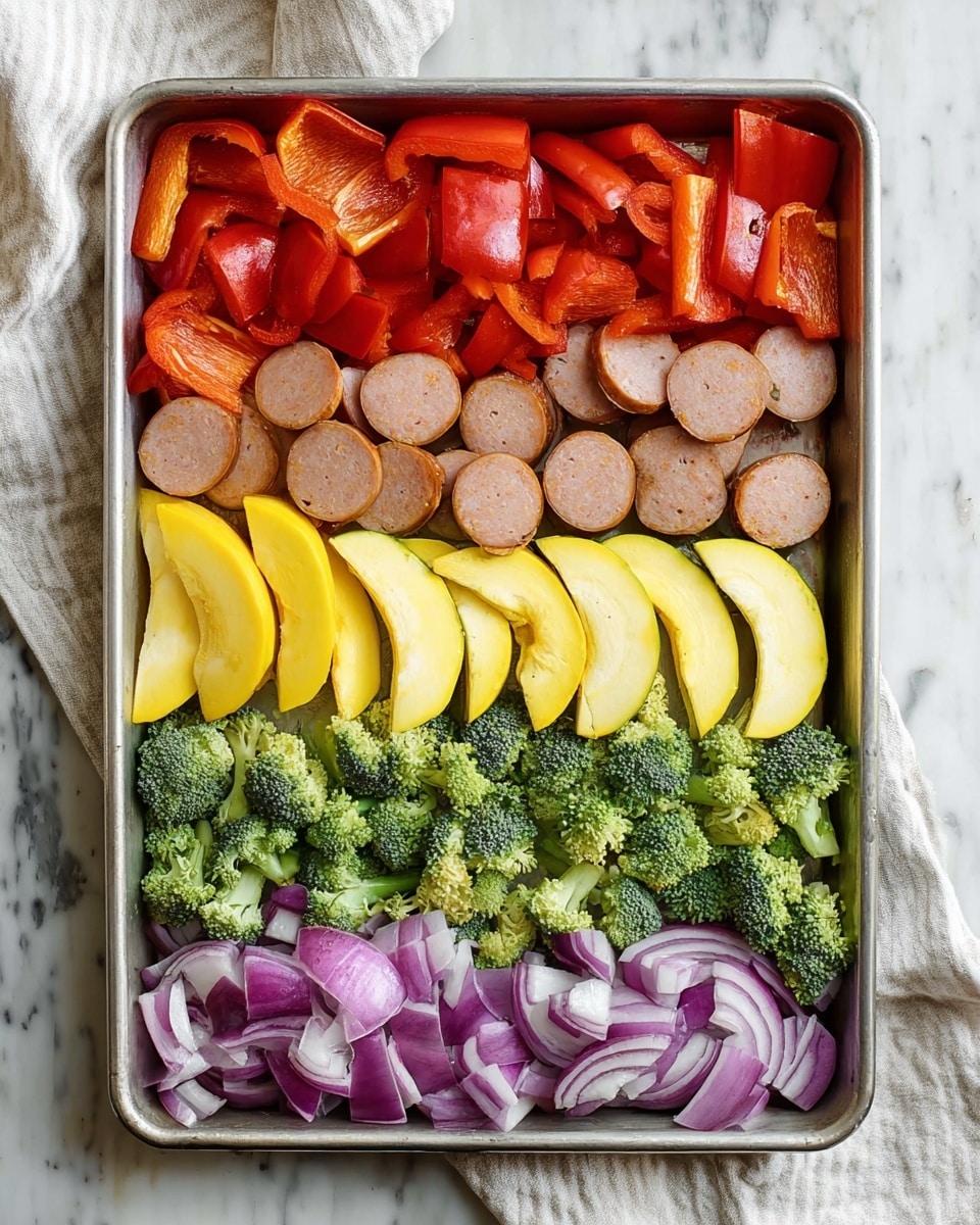 A rectangular metal baking tray holds five clear layers of food arranged horizontally. From top to bottom, the first layer is chopped bright red bell peppers with a smooth texture and shiny surface. Below that is a layer of sliced, light brown sausages with a soft, moist inner texture. The third layer features half-moon slices of yellow squash that have a smooth outer skin and pale yellow interior. Beneath the squash is a layer of fresh green broccoli florets with a rough, leafy texture. The bottom layer consists of roughly chopped purple onions with white inner layers visible. The tray rests on a white marbled surface with a white cloth nearby. photo taken with an iphone --ar 4:5 --v 7