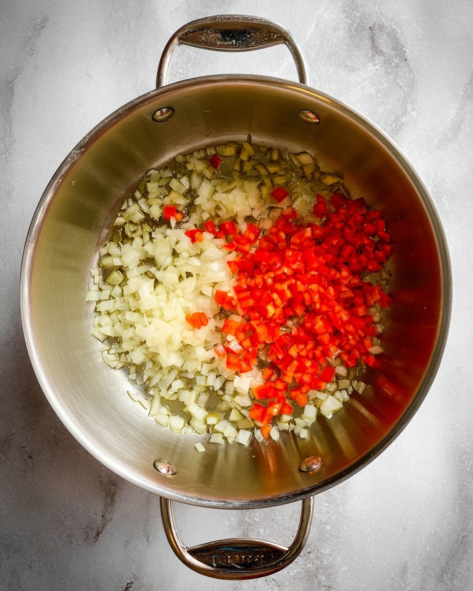 A top view of a silver metal pot with two handles filled with small diced vegetables being cooked. The pot contains finely chopped onions, translucent pale yellow in color, spread in the lower half, and small diced bright red bell peppers clustered on the upper right side. The vegetables are glistening with oil against the smooth metal bottom of the pot. The pot is placed on a surface with a white marbled texture. photo taken with an iphone --ar 4:5 --v 7