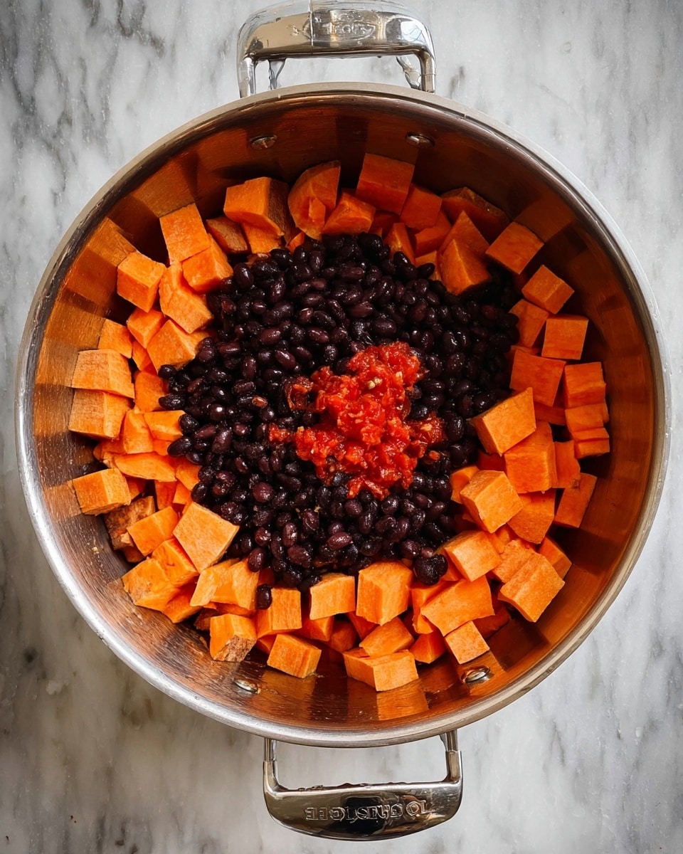 A white bowl filled with a chunky stew that has dark brown beans and bright orange sweet potato pieces mixed in a rich, dark sauce, topped with fresh green cilantro leaves and chopped herbs. A lime wedge with a light green color rests on the side of the bowl, adding a fresh touch. Another white bowl with the same stew is blurred in the background, placed on a white marbled surface with soft lighting. A white cloth with black stripes is partially visible in the corner. Photo taken with an iphone --ar 4:5 --v 7